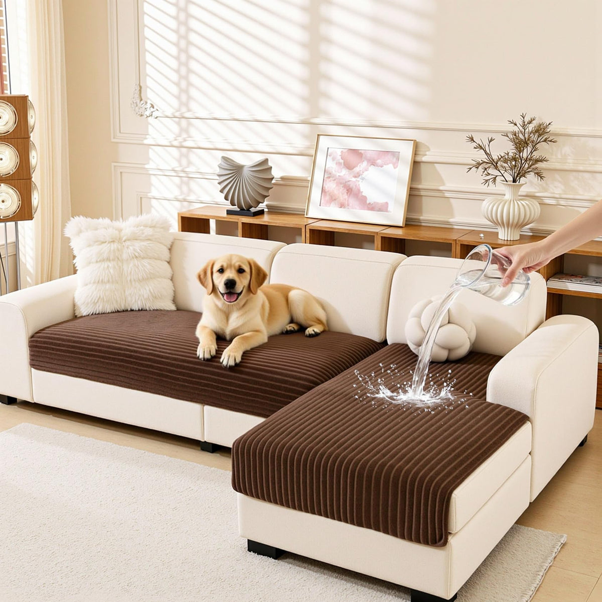 MEETSKY 100% Waterproof Couch Covers for Sectional Sofa, Non Slip Couch Cover for Dogs, 2 Pieces Pet Sofa Covers for 2 Cushion L Shape, Washable Soft Sofa Slipcover, Cream, Large, 35"x63"+35"x63"