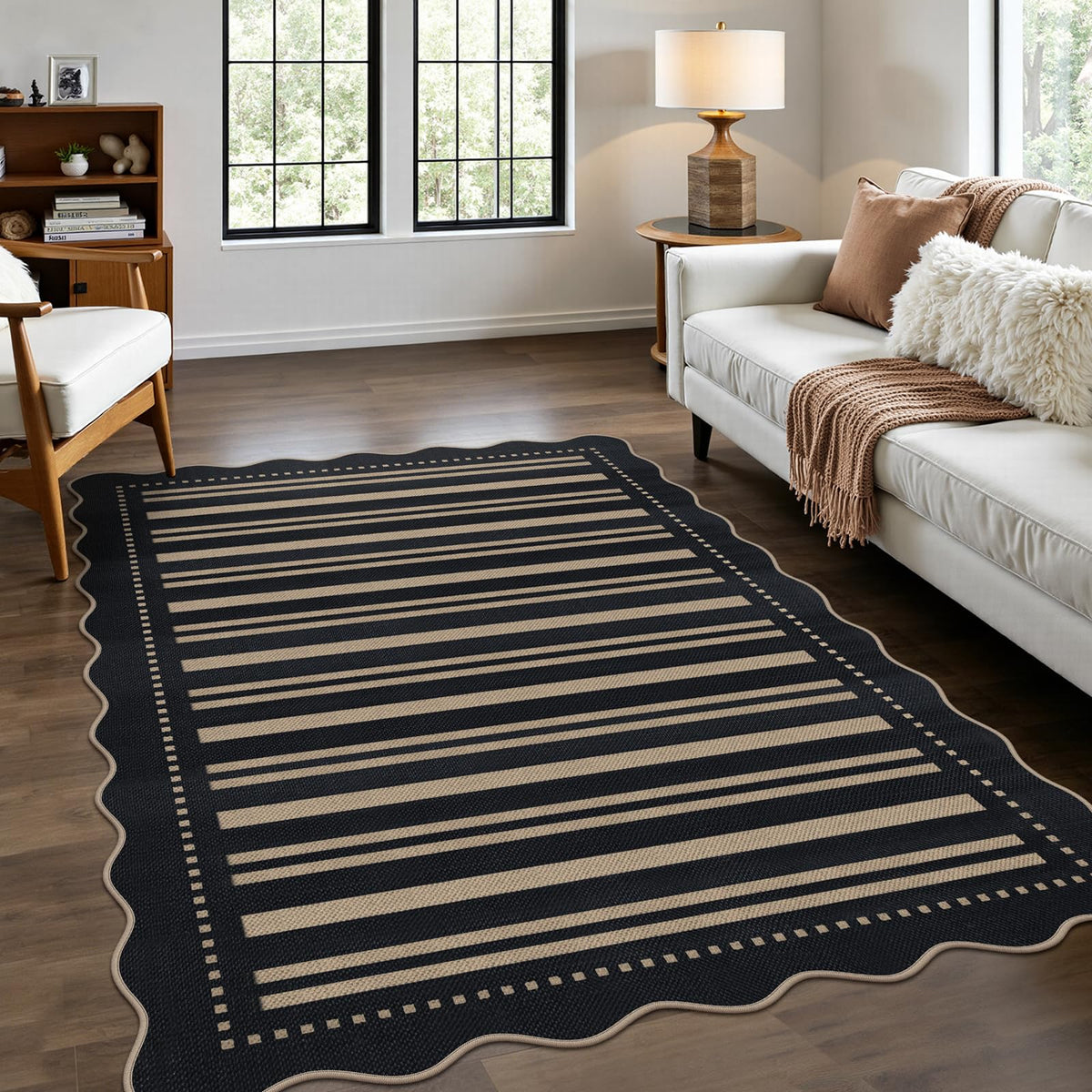 Easy Jute Black Entryway Rug, 2x3 Front Door Mat Washable Non Slip Small Kitchen Rug, Indoor Outdoor Farmhouse Scalloped Doormat for Porch Bathroom Doorway