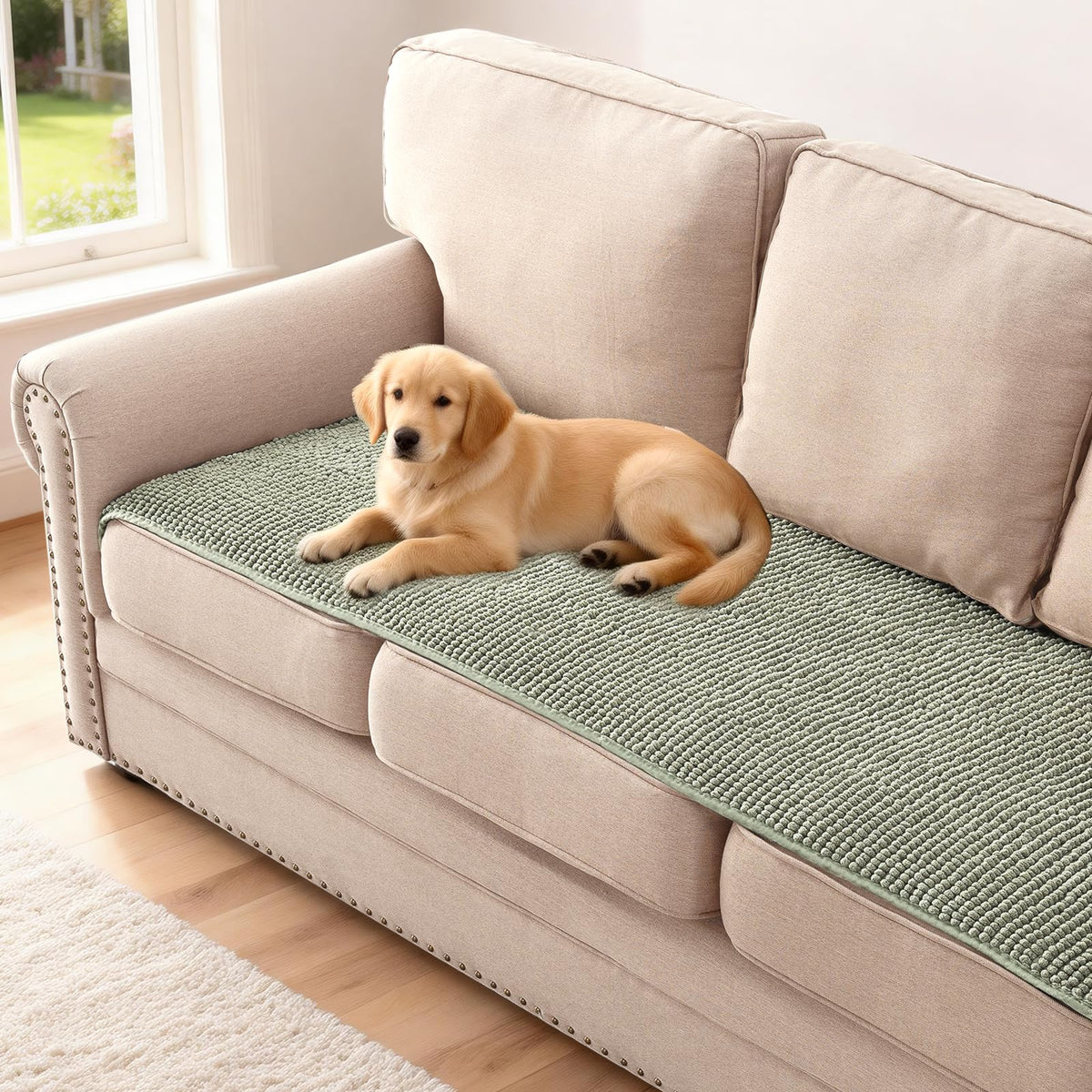 H.VERSAILTEX Plush Chenille Dog Bed Cover Thick Soft Sofa Cover for 3 Cushion Couch Anti Slip Couch Cover Furniture Protector for Dog, Pet, Cat (35" x 82", Ivory)