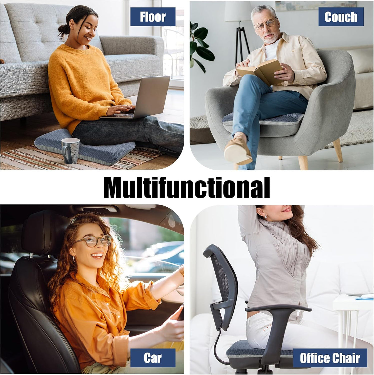 HOMBYS Tufted Furry Recliner Seat Cushion for Elderly Foam Curved Edge Large Square Seat Cushion for Recliner Chair, Floor Pillow, Office Chair, Car, No Pressure on Thighs(Grey)