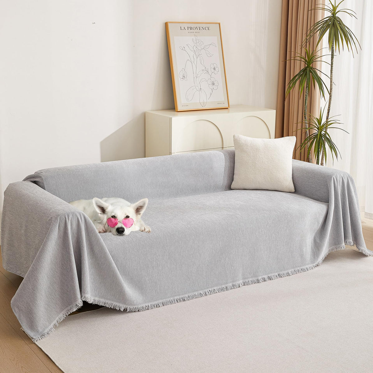 MYSKY HOME Boho Couch Cover Beige Sofa Covers with White Tassel Farmhouse Sofa Slipcover Simple Couch Protector for Dogs Chenille Sectional Couch Covers L Shaped Couch Cushion Covers, 91"x 134"