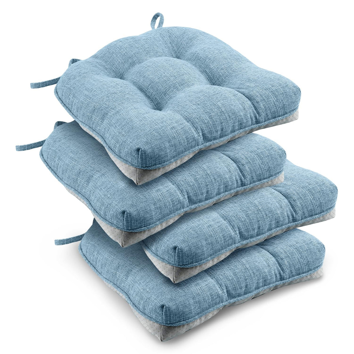 downluxe Indoor Chair Cushions for Dining Chairs, Tufted Overstuffed Textured Foam Kitchen Chair Pads with Ties and Non-Slip Backing, 15.5" x 15.5" x 4", Brown, 4 Pack