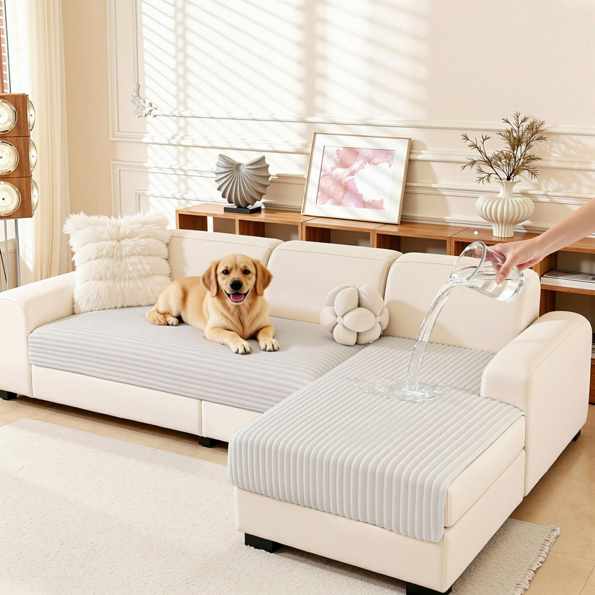 MEETSKY 100% Waterproof Couch Covers for Sectional Sofa, Non Slip Couch Cover for Dogs, 2 Pieces Pet Sofa Covers for 2 Cushion L Shape, Washable Soft Sofa Slipcover, Cream, Large, 35"x63"+35"x63"