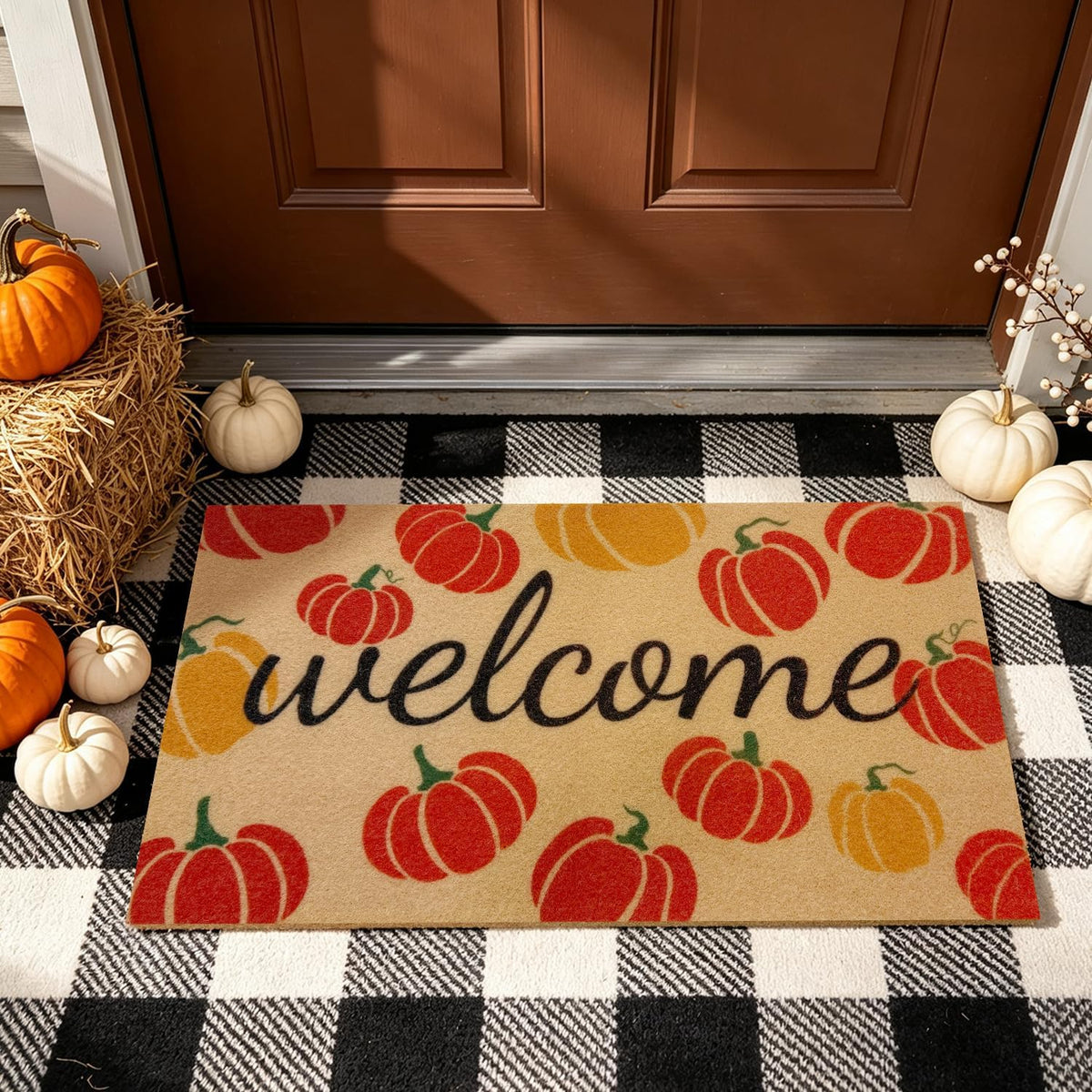 Fall Door Mat, Non Slip Front Porch Pumpkin Welcome Mat 17"x30"