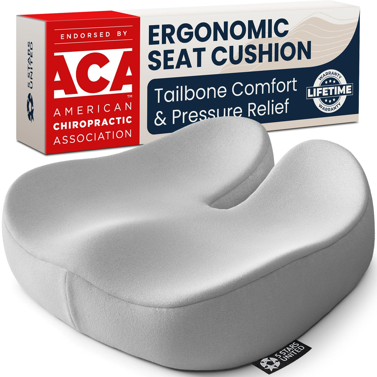 5 STARS UNITED Seat Cushion - Memory Foam Chair Pad for Tailbone Pain Relief - Ergonomic Support for Coccyx, Sciatica & Butt - Office, Desk & Gaming Chair, Car Seat, Wheelchair, Airplane, Black