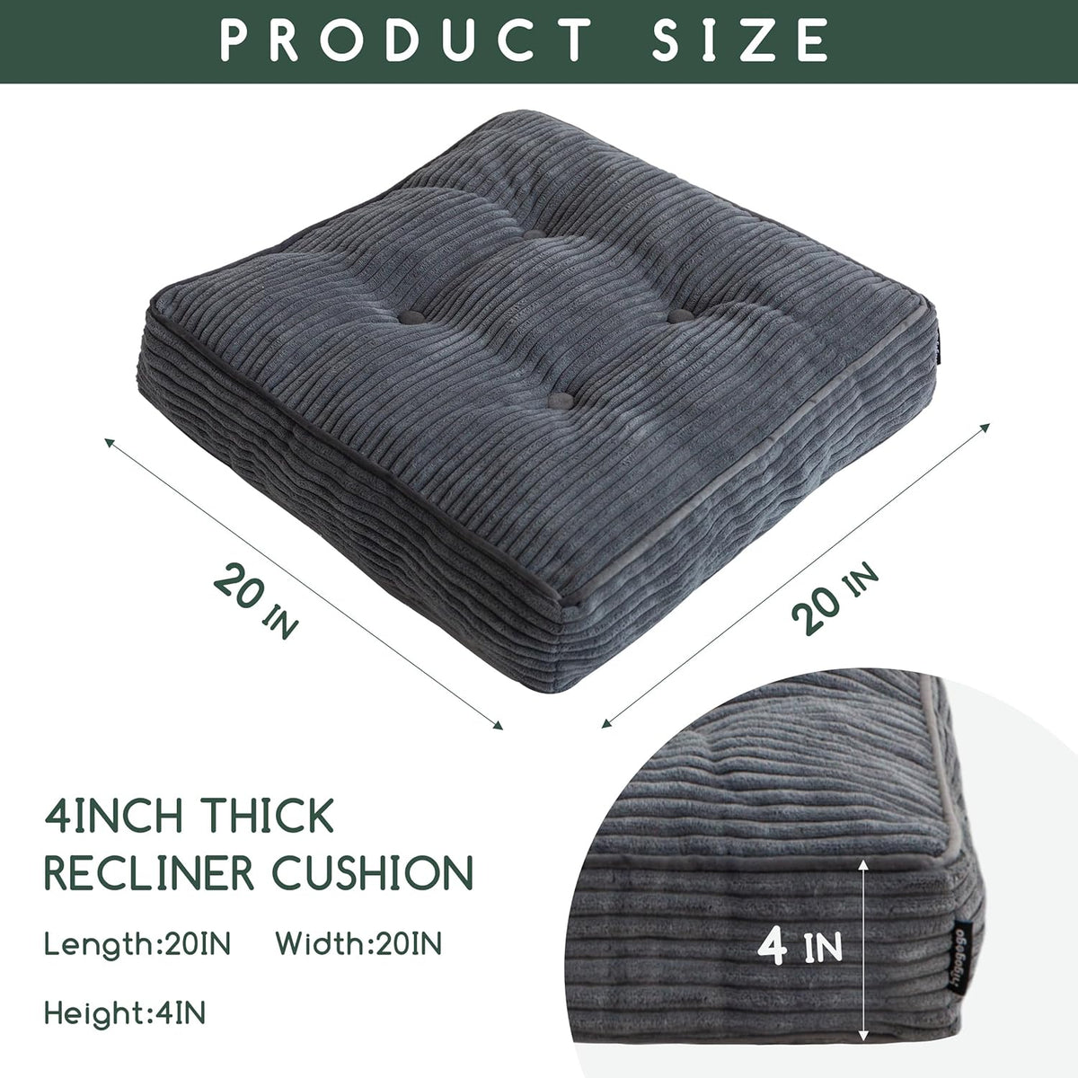 HIGOGOGO Tufted Corduroy Recliner Seat Cushion for Elderly, High Density Foam Large Square Seat Cushion for Recliner Chair, Floor Pillow, Office Chair, Car, No Pressure on Thighs, 20x20x4