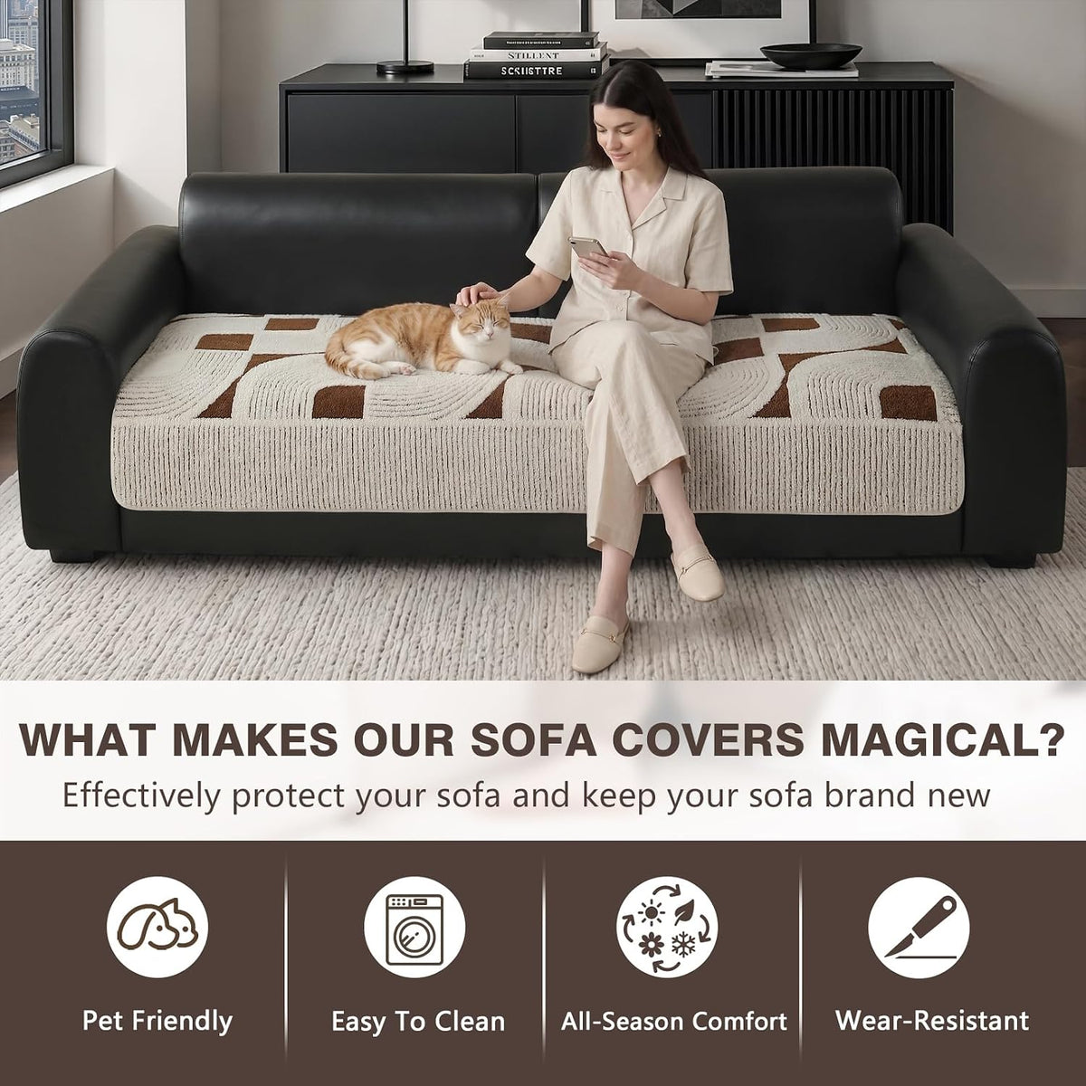 OHSIO Geometric Couch Cover, Sofa Seat Cushion Cover(Brown,35''x 70.8'')
