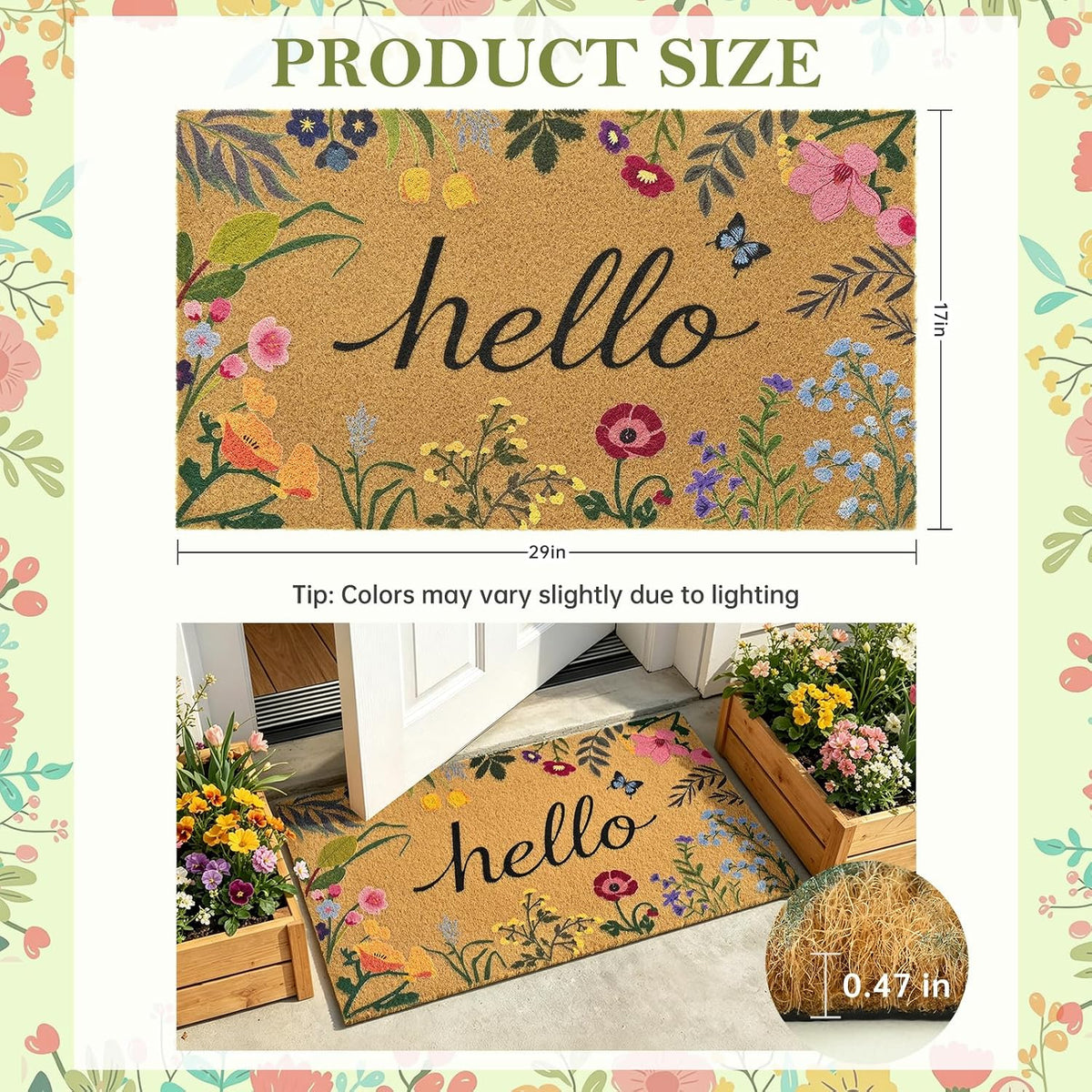 Floral Front Door Mat Outside Non-Slip Welcome Doormat, 17x29 in