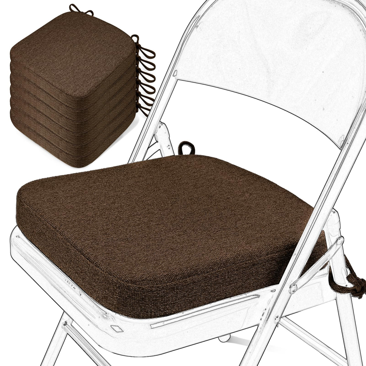 SINOSSO Memory Foam Chair Cushion for Folding Chair 1 Pcs, Thickened 2" Square Kitchen Chair Pad with Ties, Indoor Non-Slip Dining Chair Seat Cushion (1 Piece, Dark Brown)