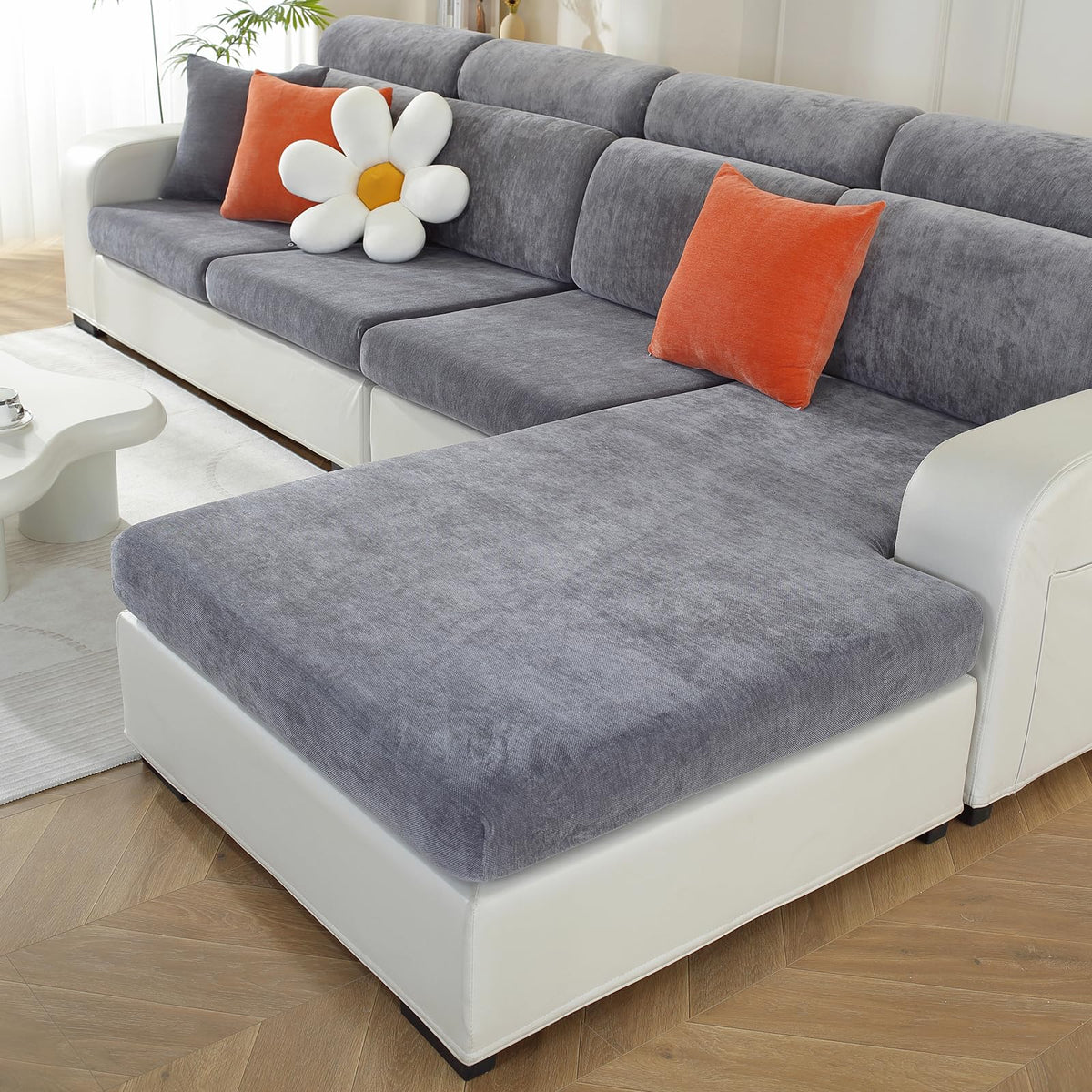 WEYOND Couch Cushion Covers L Shaped Sectional, 3PC Seat Covers, Light Grey