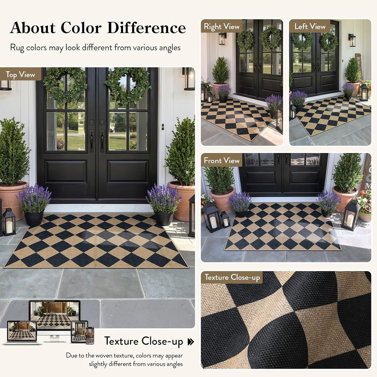 Lahome Checkered Easy Jute 3x5 Entryway Front Porch Rug, Black Diamond Indoor Outdoor Patio Layering Rug, Washable Farmhouse Neutral Non Slip Non Shedding Door Carpet for Backyard Blacony
