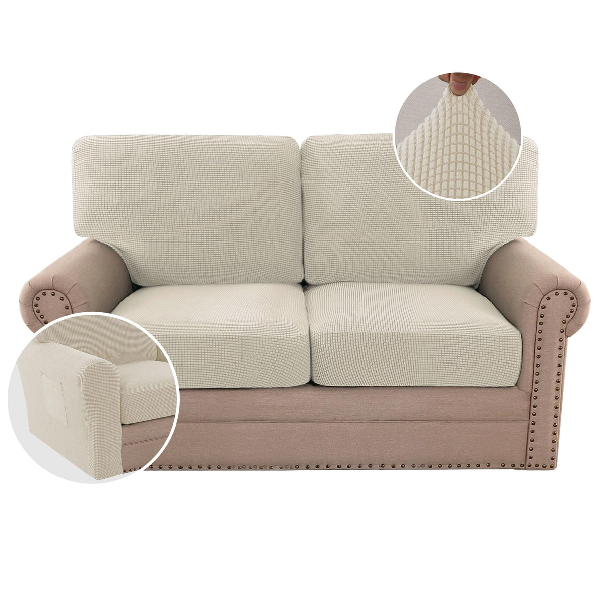 H.VERSAILTEX Multi-Pieces Sofa Covers Stretch Couch Covers Form Fitted Seats and Back Cushions Covers (3 Seat Covers Plus 3 Back Cusion Covers, Bonus 2 Armrest Covers), Sand