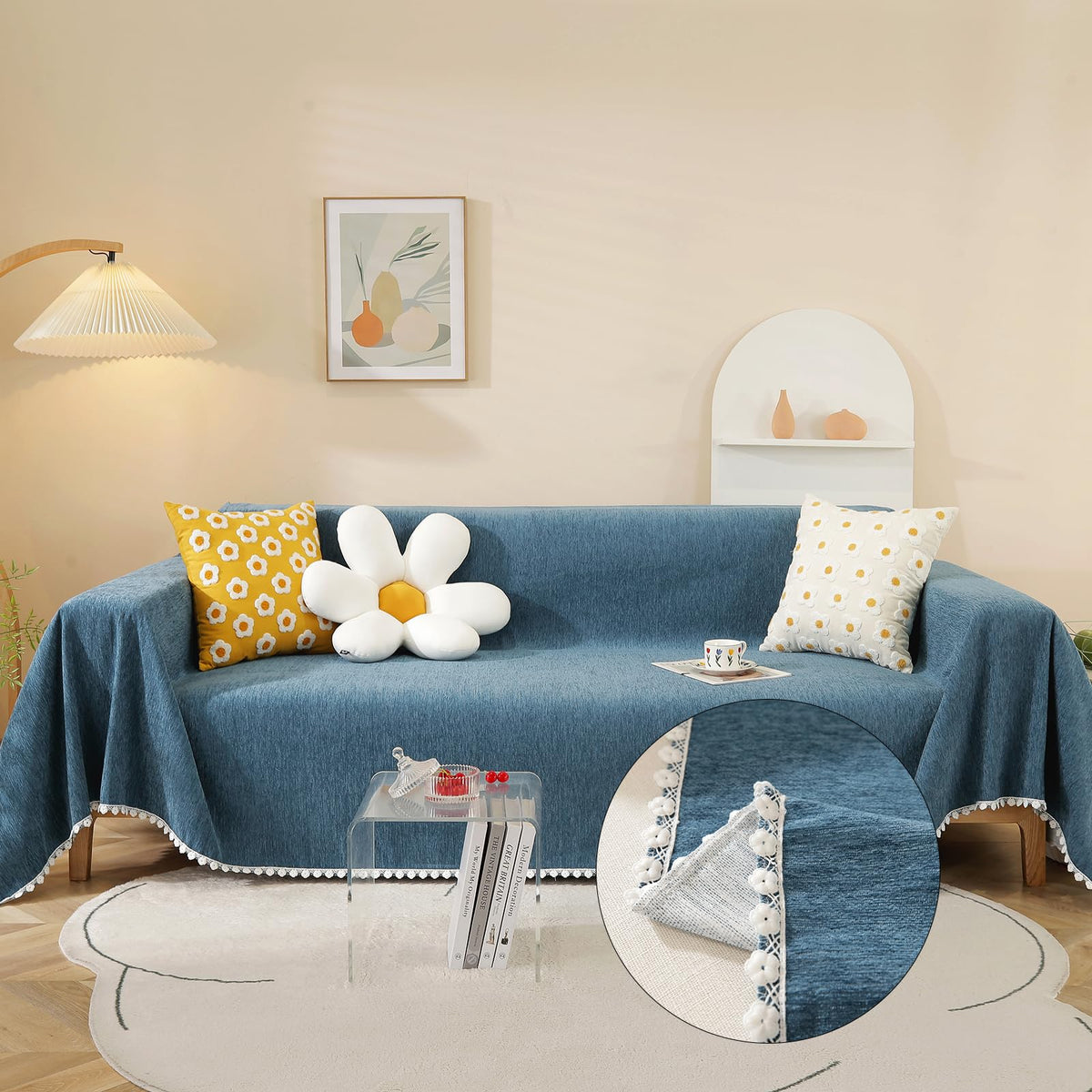 HANDONTIME Green Sofa Cover Vintage Couch Cover for Dogs 71" X118" Couch Cushion Covers with Tassel Herringbone Sofa Cover Boho Sofa Covers for 3 Cushion Couch Chenille Soft Loveseat Sofa Covers