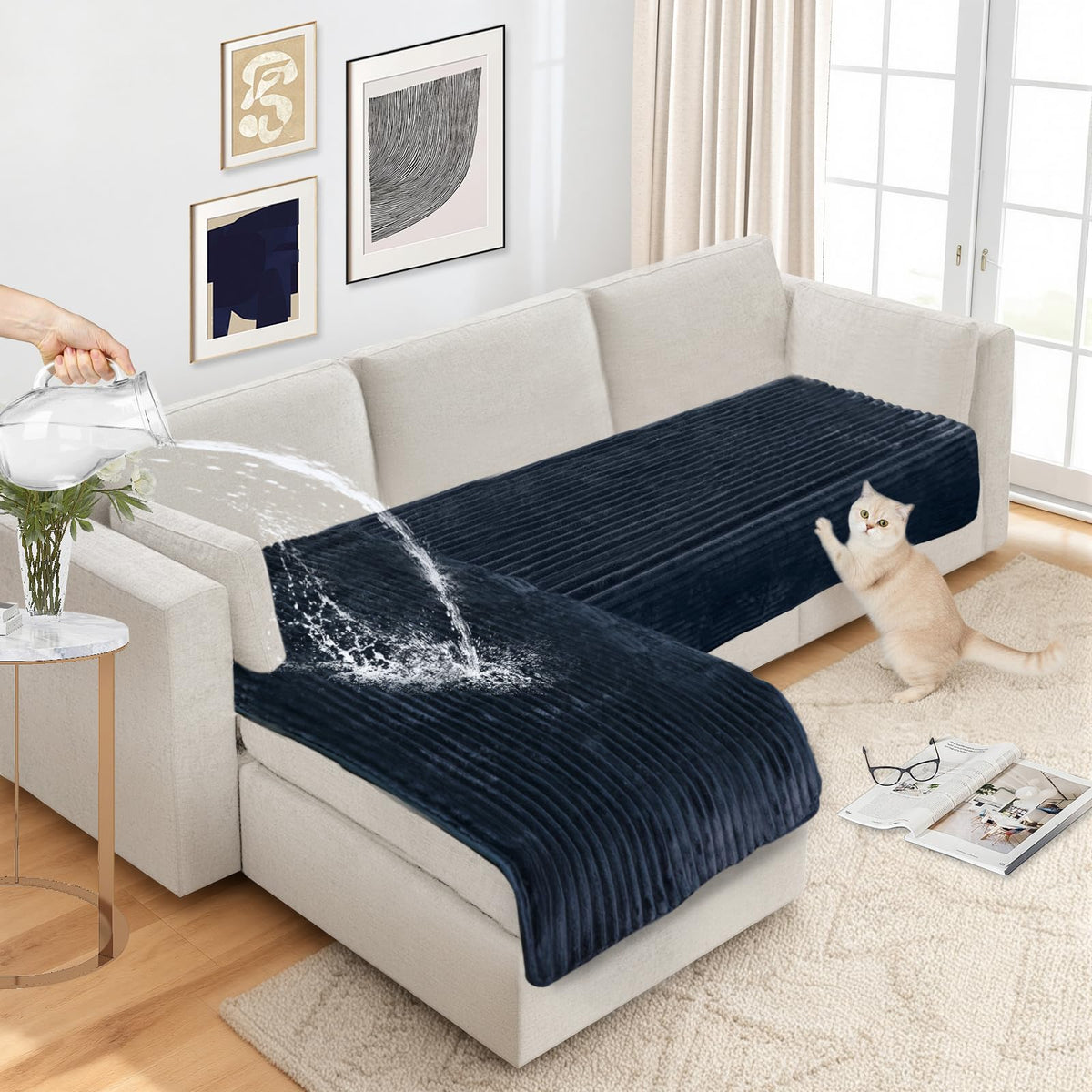 NAISI Couch Covers for Dogs Waterproof Flannel Striped Sofa Cover Pet Friendly Washable Dog Mat for Couch Anti Slip Sectional Sofa Slipcover Protector(2pcs/35"x63"+35"x70",Dark Grey)
