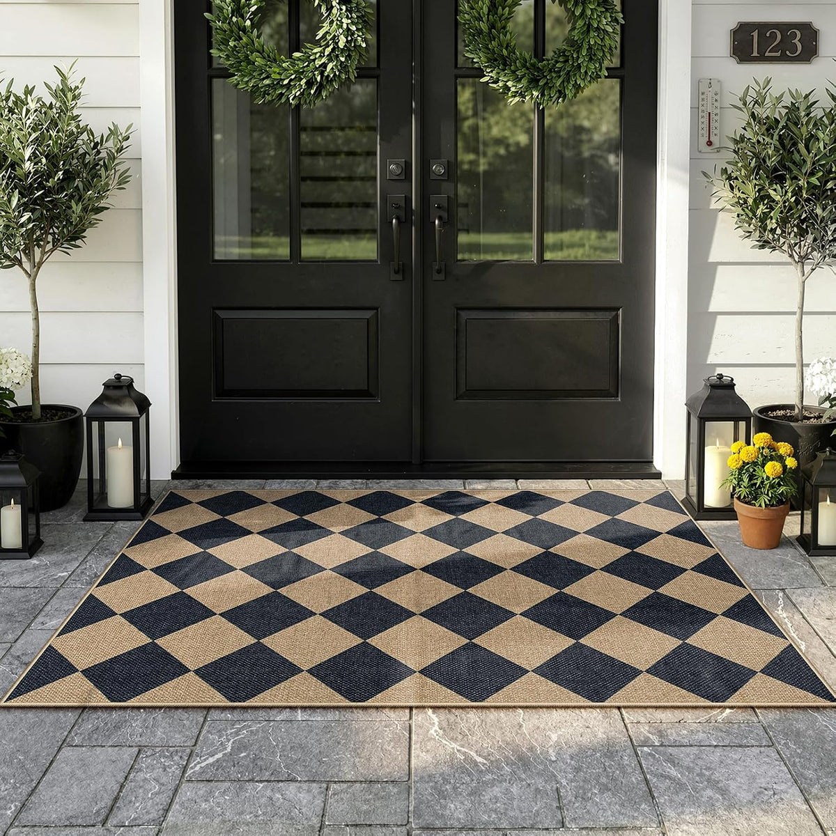 Lahome Checkered Easy Jute 3x5 Entryway Front Porch Rug, Black Diamond Indoor Outdoor Patio Layering Rug, Washable Farmhouse Neutral Non Slip Non Shedding Door Carpet for Backyard Blacony