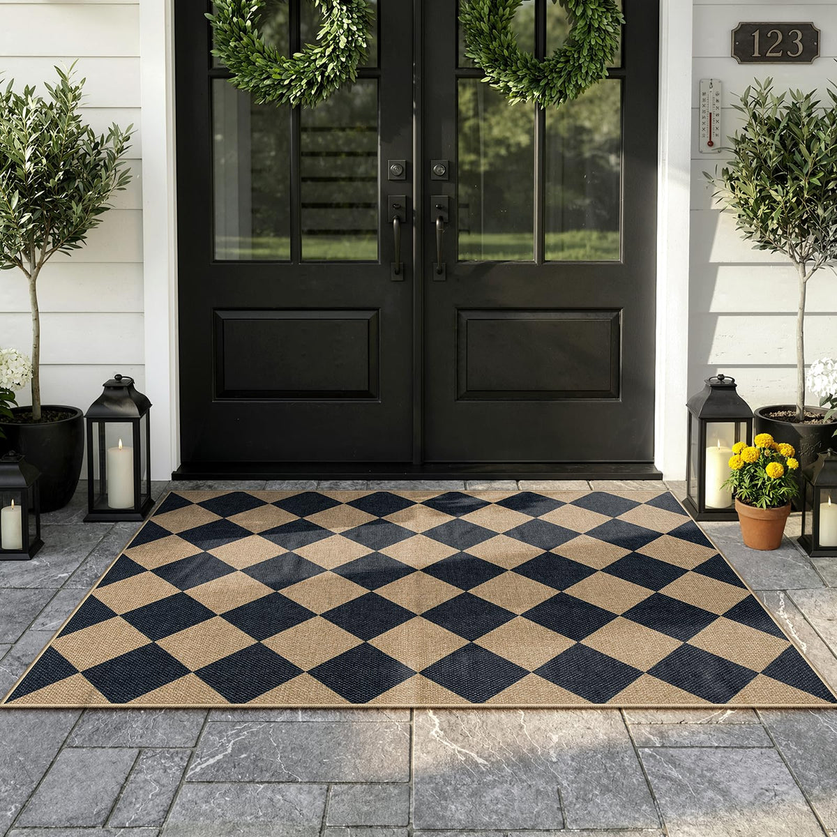 Lahome Checkered Easy Jute 3x5 Entryway Front Porch Rug, Black Diamond Indoor Outdoor Patio Layering Rug, Washable Farmhouse Neutral Non Slip Non Shedding Door Carpet for Backyard Blacony
