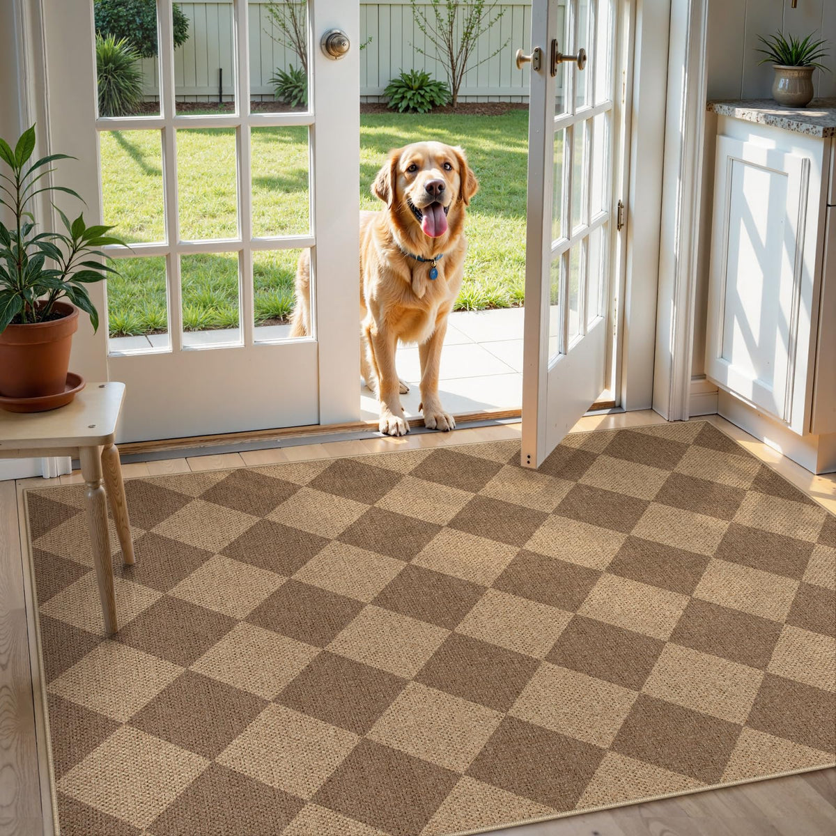 Lahome Checkered Easy Jute 3x5 Entryway Front Porch Rug, Black Diamond Indoor Outdoor Patio Layering Rug, Washable Farmhouse Neutral Non Slip Non Shedding Door Carpet for Backyard Blacony