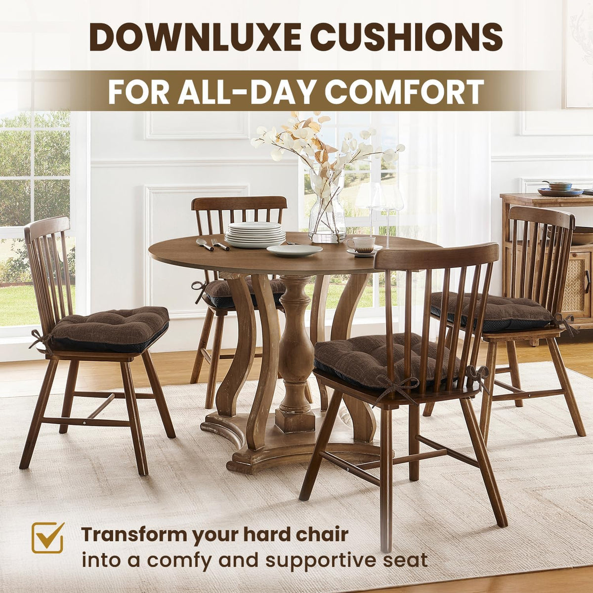 downluxe Indoor Chair Cushions for Dining Chairs, Tufted Overstuffed Textured Foam Kitchen Chair Pads with Ties and Non-Slip Backing, 15.5" x 15.5" x 4", Brown, 4 Pack