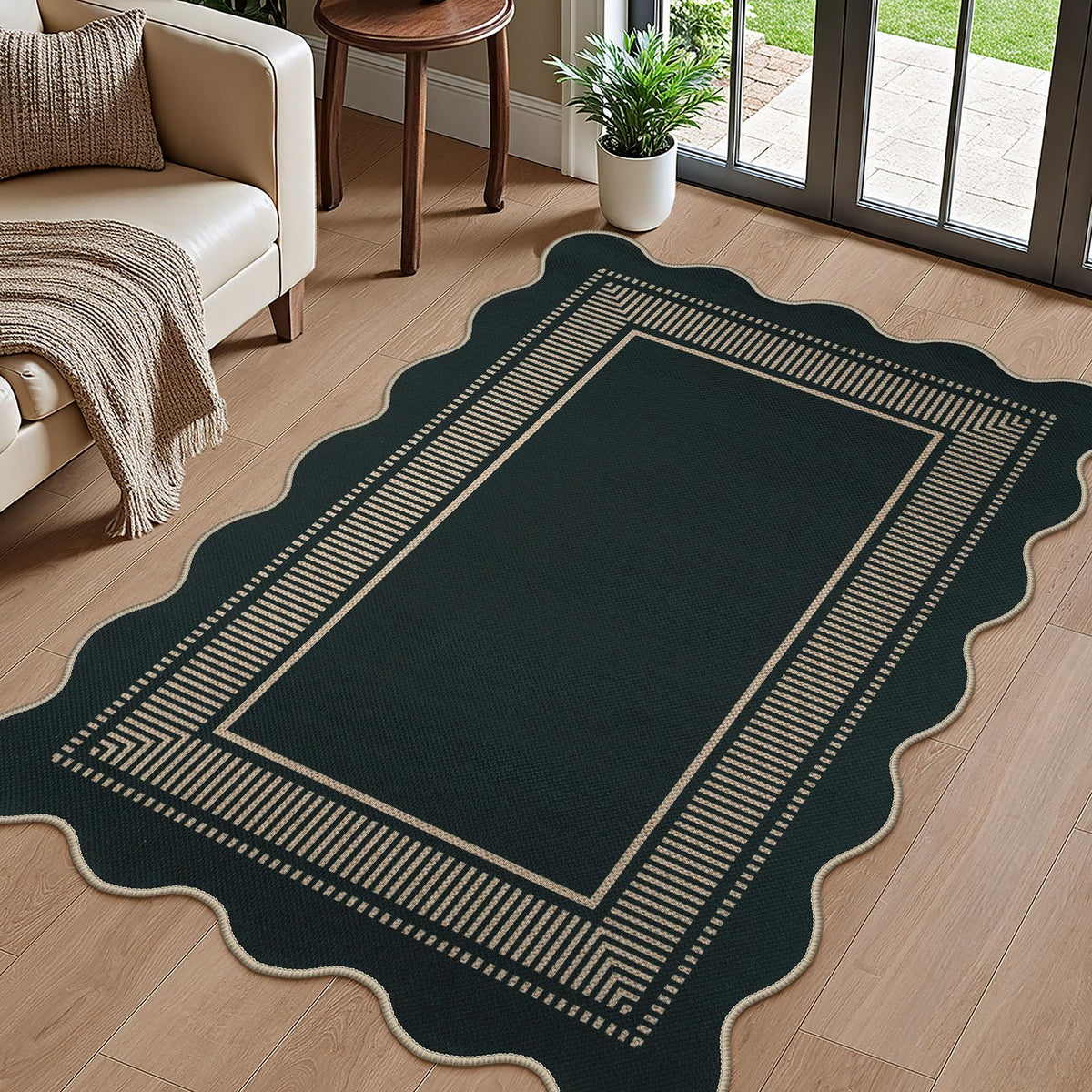 Easy Jute Black Entryway Rug, 2x3 Front Door Mat Washable Non Slip Small Kitchen Rug, Indoor Outdoor Farmhouse Scalloped Doormat for Porch Bathroom Doorway