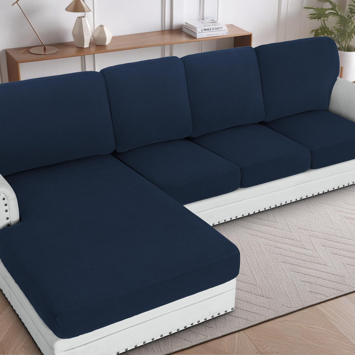 H.VERSAILTEX Sectional Couch Covers 8 Pieces Stretch Sofa Covers for Sectional Sofa Set Separate L Shaped Couch Cover for Both Left/Right Couch (Seat and Back: 1 Chaise + 3 Sofa, Ivory)