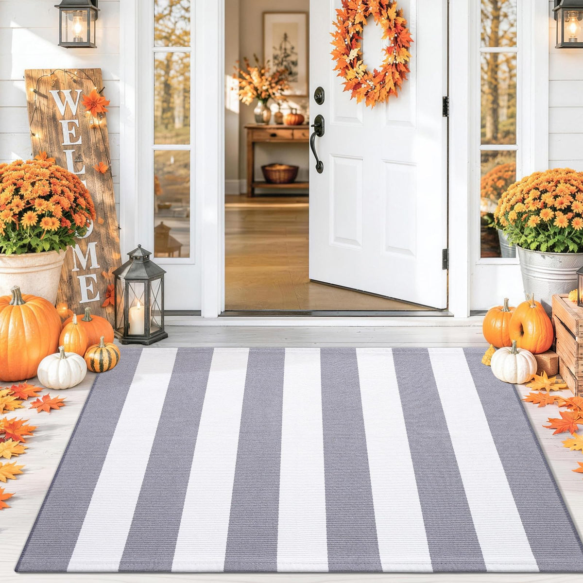 Smiry Black and White Striped Entryway Rug, Front Door Mat and Porch Decor