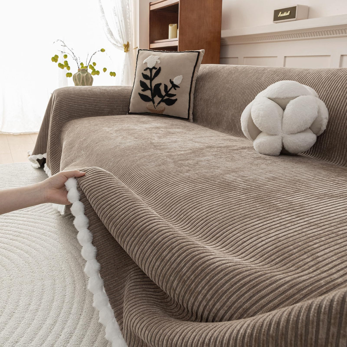 HANDONTIME Green Sofa Cover Vintage Couch Cover for Dogs 71" X118" Couch Cushion Covers with Tassel Herringbone Sofa Cover Boho Sofa Covers for 3 Cushion Couch Chenille Soft Loveseat Sofa Covers
