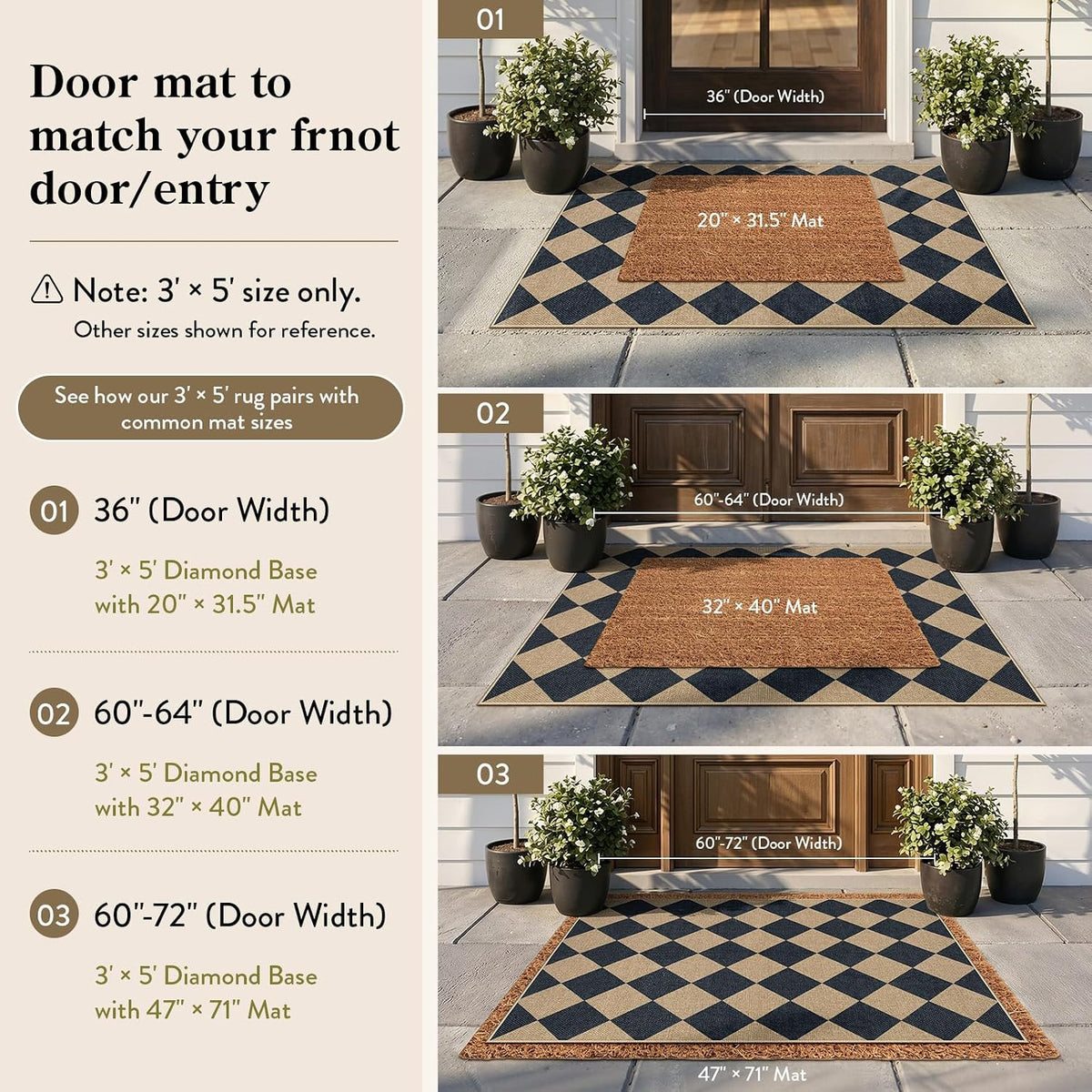 Lahome Checkered Easy Jute 3x5 Entryway Front Porch Rug, Black Diamond Indoor Outdoor Patio Layering Rug, Washable Farmhouse Neutral Non Slip Non Shedding Door Carpet for Backyard Blacony