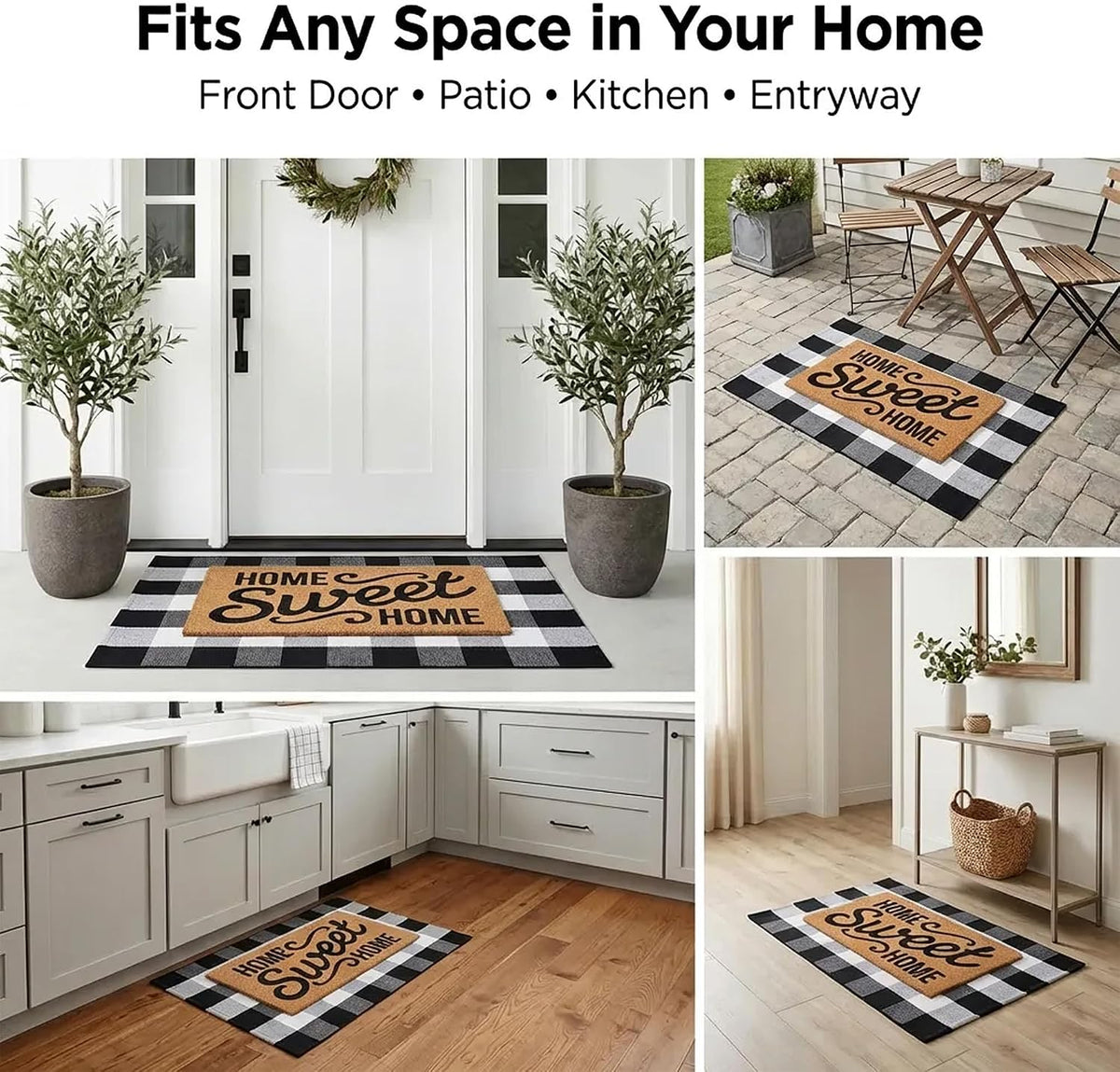 Home Sweet Home Doormat Set, 2-Piece Layered Front Porch Mat Combo, Natural Coir Welcome Mat with Black and White Buffalo Plaid Rug, Farmhouse Outdoor Entryway Decor for Porch, Patio, Home