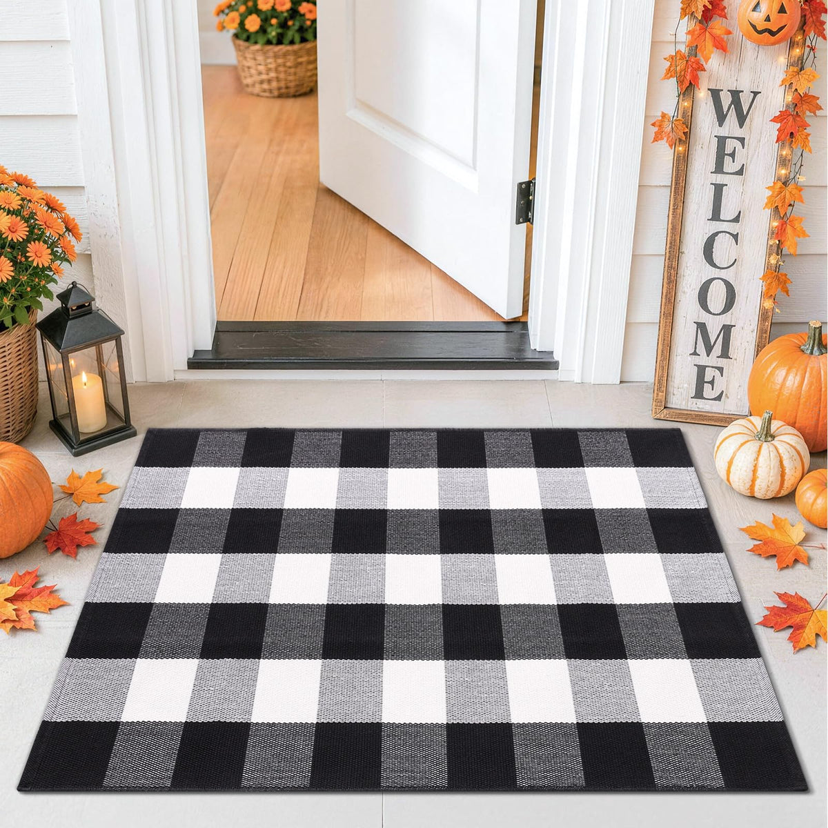 Smiry Black and White Striped Entryway Rug, Front Door Mat and Porch Decor