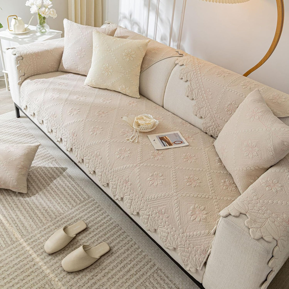 Quilted Couch Covers for Sofa Farmhouse Sofa Covers(Khaki,28"x28")
