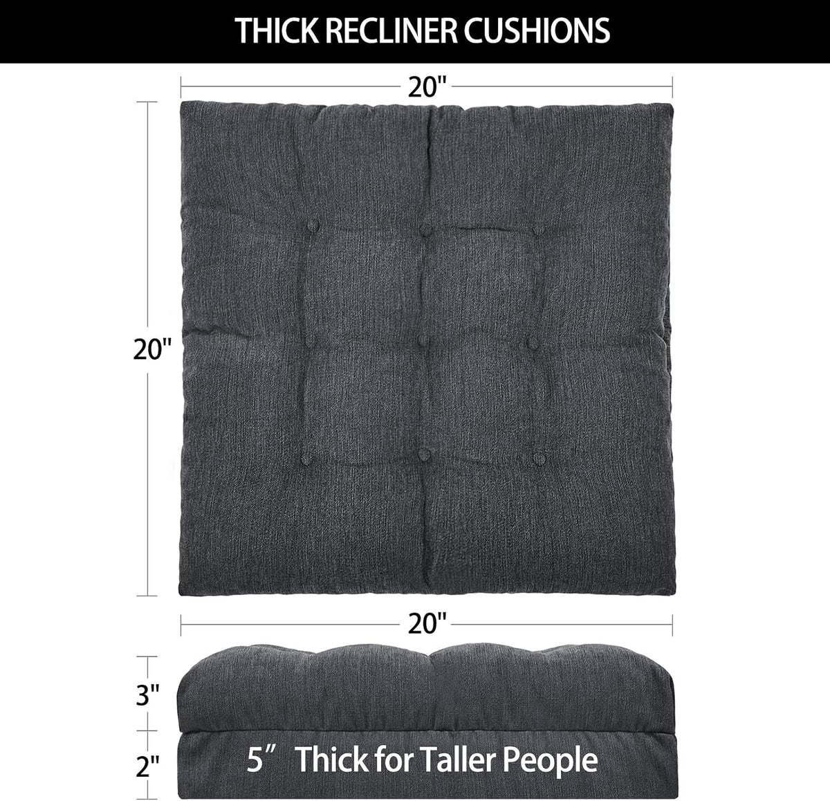 Recliner Cushions for Elderly, 20x20x5 Inch Thick Chair Cushion Patent Design Soft Tufted Dual Layer Booster Seat Cushions for Seniors Recliner Risers Gray 1P