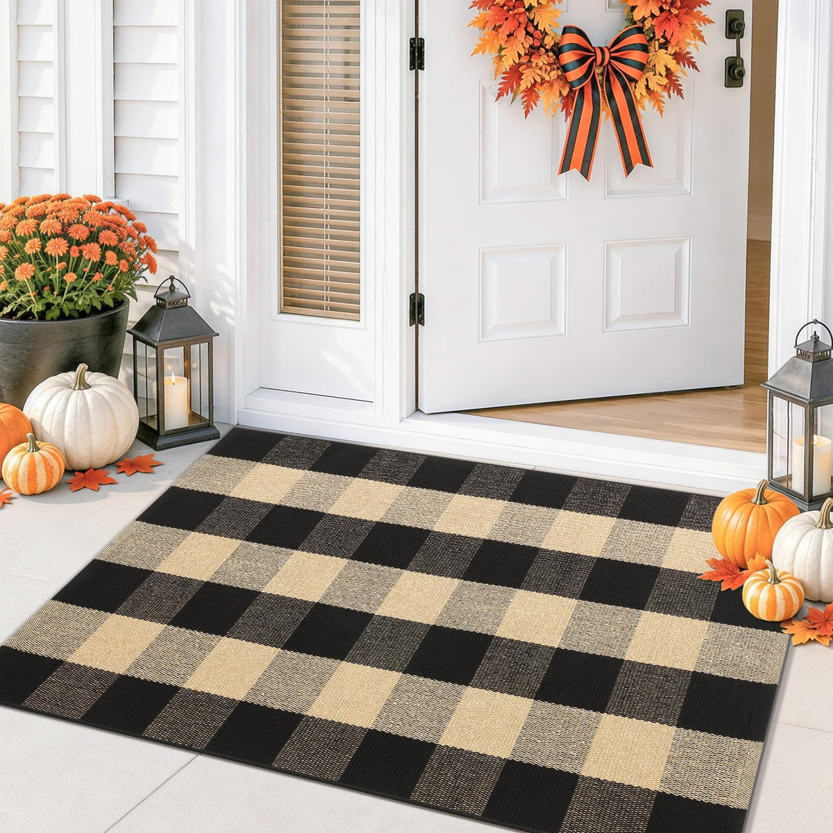Smiry Black and White Striped Entryway Rug, Front Door Mat and Porch Decor
