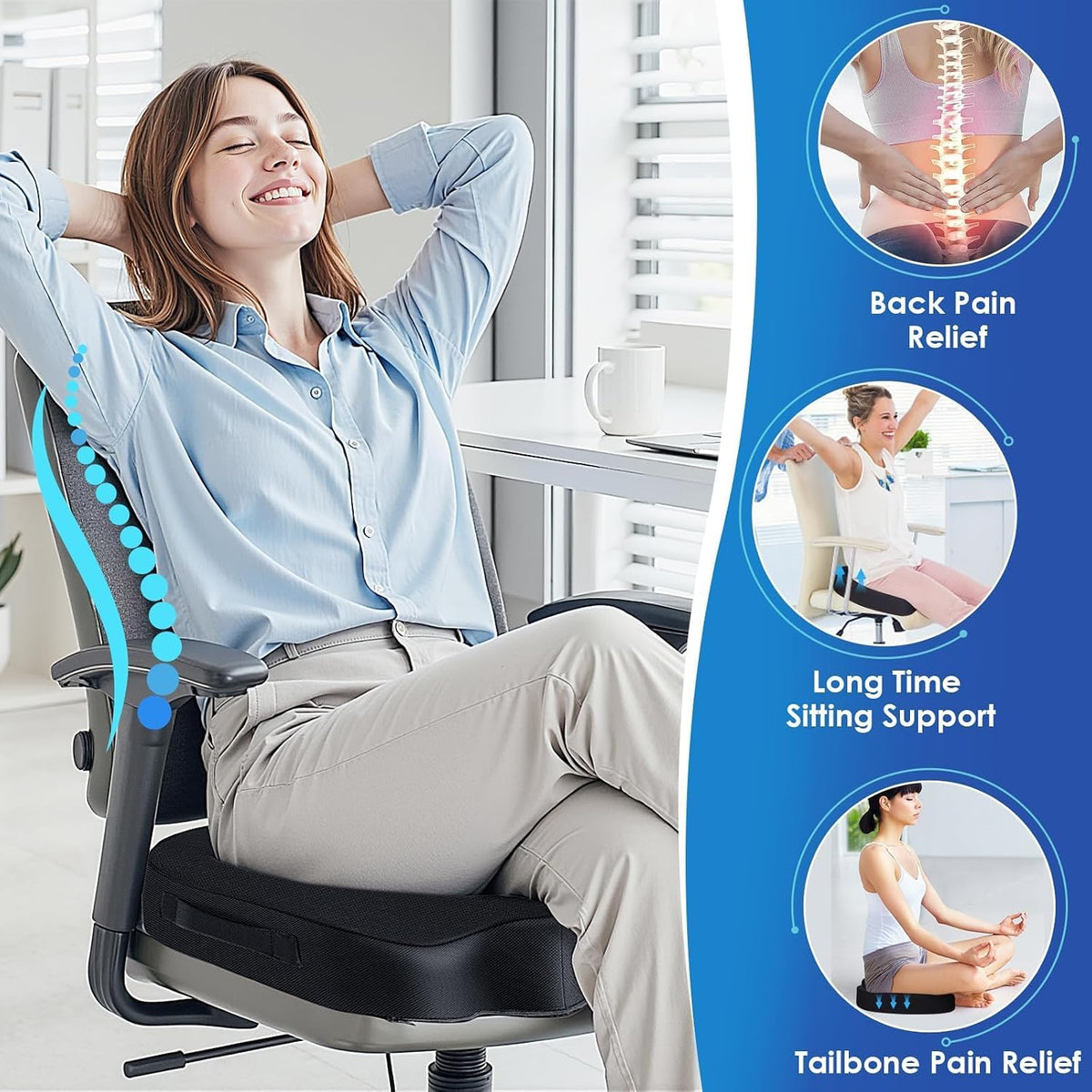 TushGuard Seat Cushion for Office Chair, Car, Memory Foam, Black Large