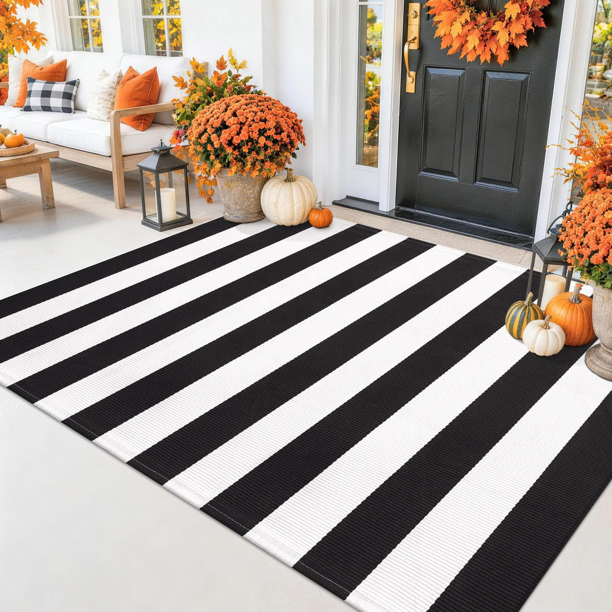 Smiry Black and White Striped Entryway Rug, Front Door Mat and Porch Decor