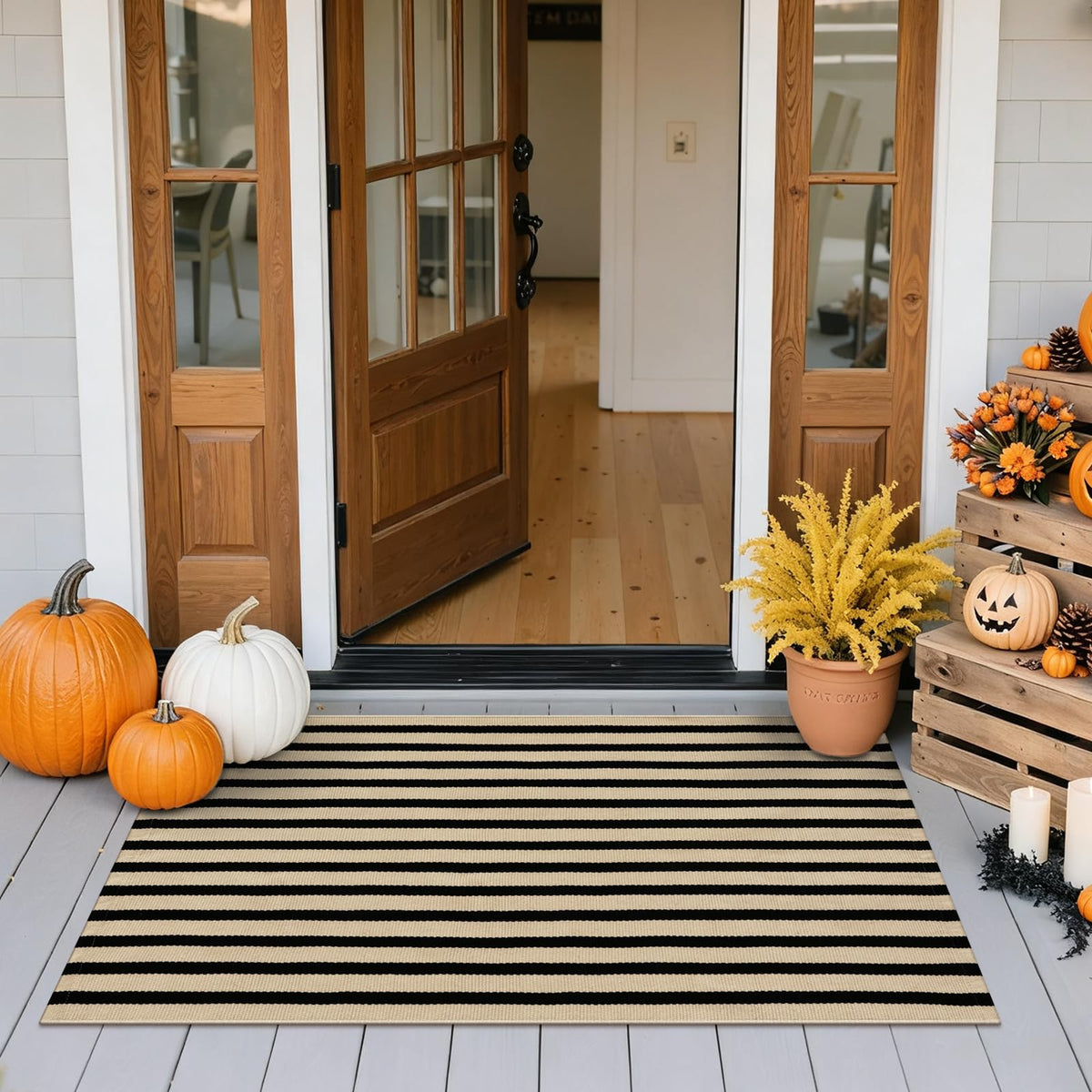 Striped Fall Door Mat 24"x51" Outdoor Rug Cotton Washable Fall Decor