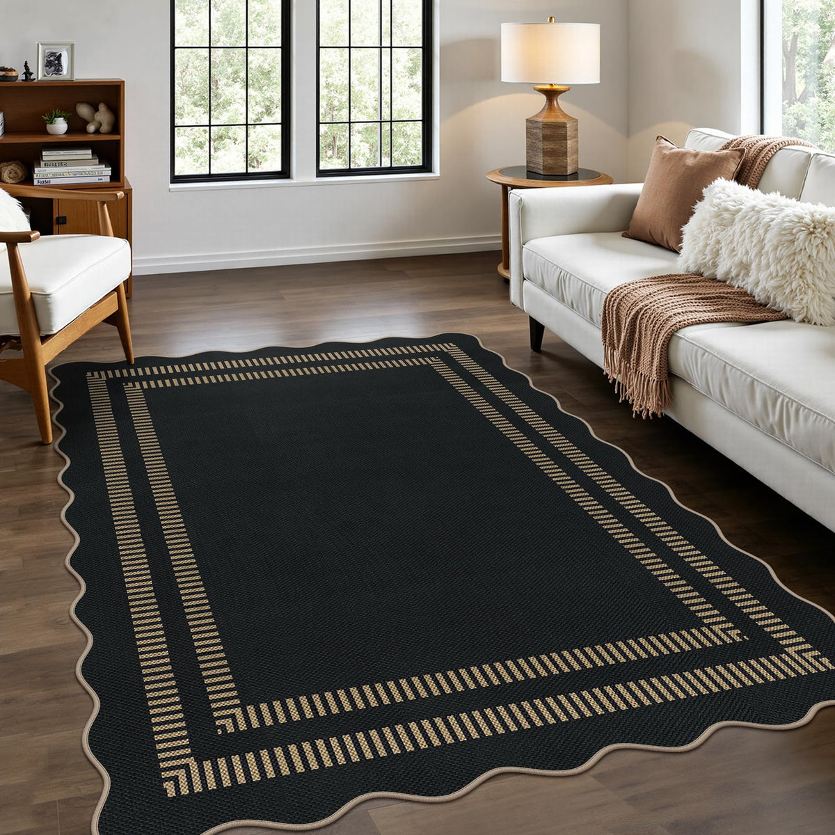 Easy Jute Black Entryway Rug, 2x3 Front Door Mat Washable Non Slip Small Kitchen Rug, Indoor Outdoor Farmhouse Scalloped Doormat for Porch Bathroom Doorway