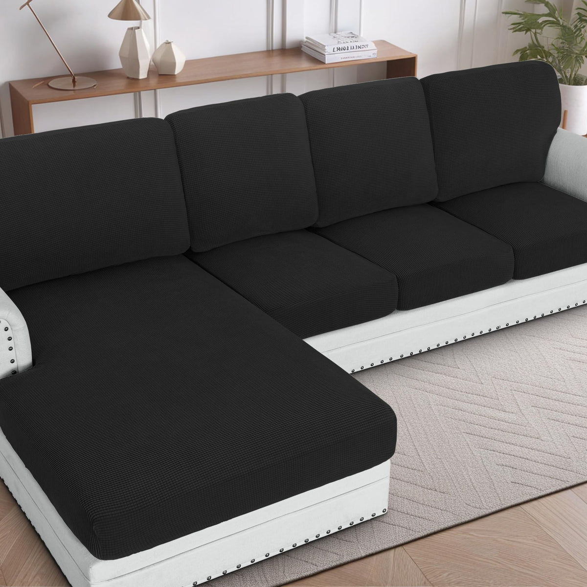H.VERSAILTEX Sectional Couch Covers 8 Pieces Stretch Sofa Covers for Sectional Sofa Set Separate L Shaped Couch Cover for Both Left/Right Couch (Seat and Back: 1 Chaise + 3 Sofa, Ivory)