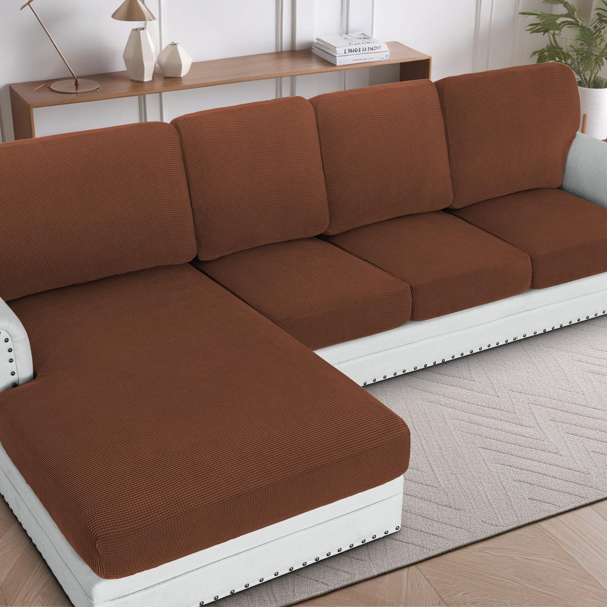 H.VERSAILTEX Sectional Couch Covers 8 Pieces Stretch Sofa Covers for Sectional Sofa Set Separate L Shaped Couch Cover for Both Left/Right Couch (Seat and Back: 1 Chaise + 3 Sofa, Ivory)