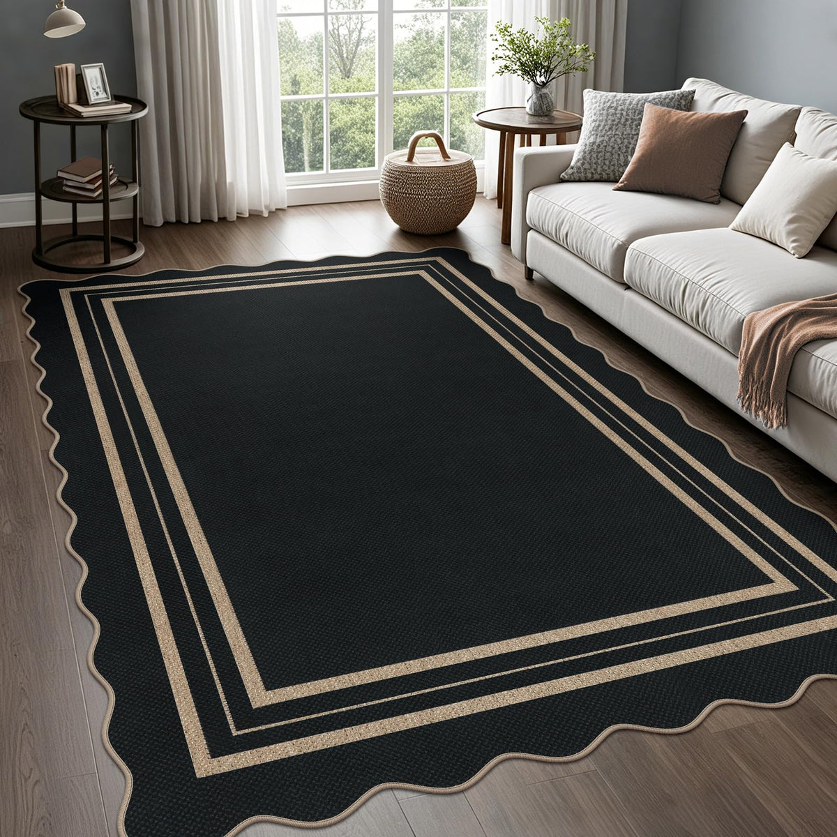 Easy Jute Black Entryway Rug, 2x3 Front Door Mat Washable Non Slip Small Kitchen Rug, Indoor Outdoor Farmhouse Scalloped Doormat for Porch Bathroom Doorway