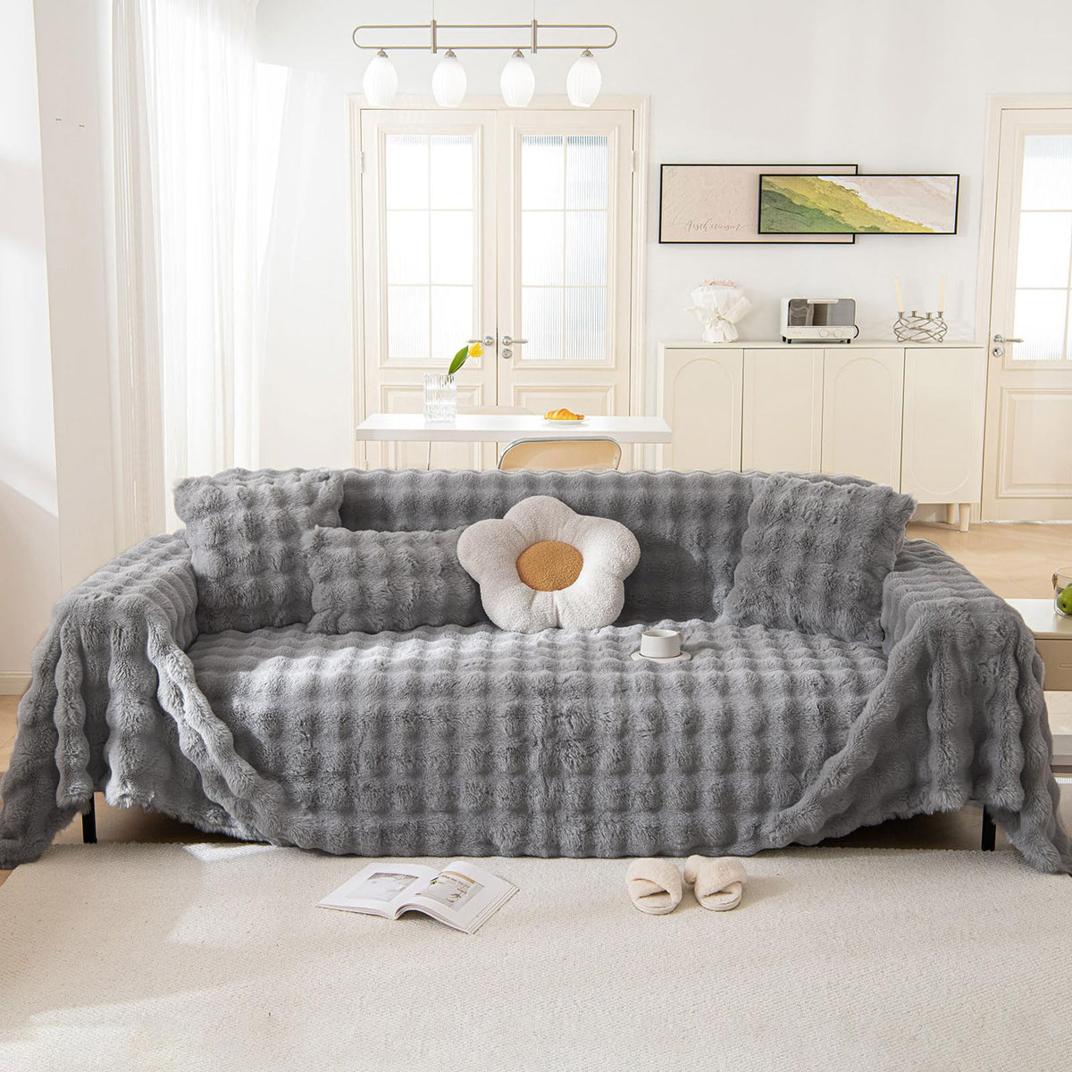 HANDONTIME Green Sofa Cover Vintage Couch Cover for Dogs 71" X118" Couch Cushion Covers with Tassel Herringbone Sofa Cover Boho Sofa Covers for 3 Cushion Couch Chenille Soft Loveseat Sofa Covers