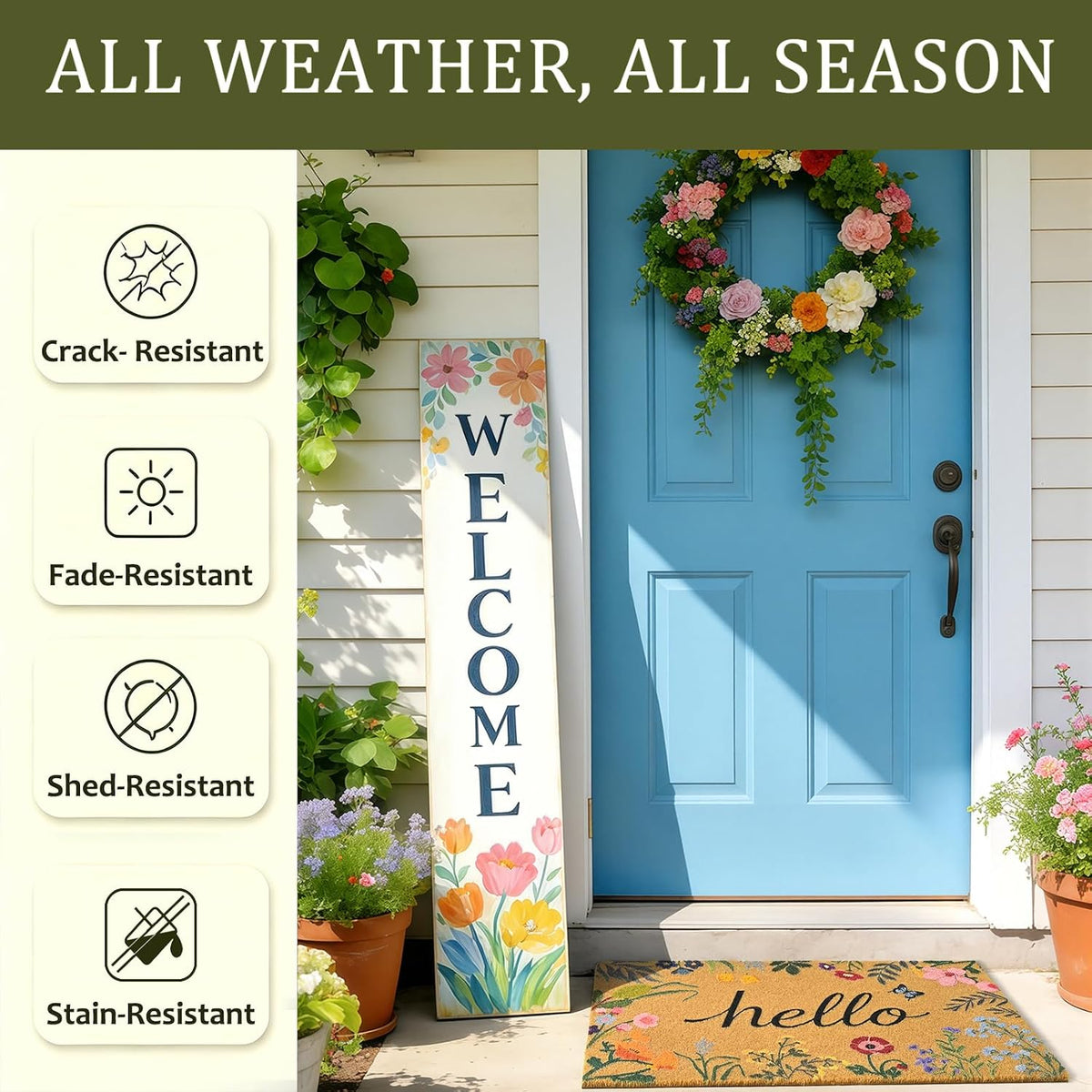 Floral Front Door Mat Outside Non-Slip Welcome Doormat, 17x29 in