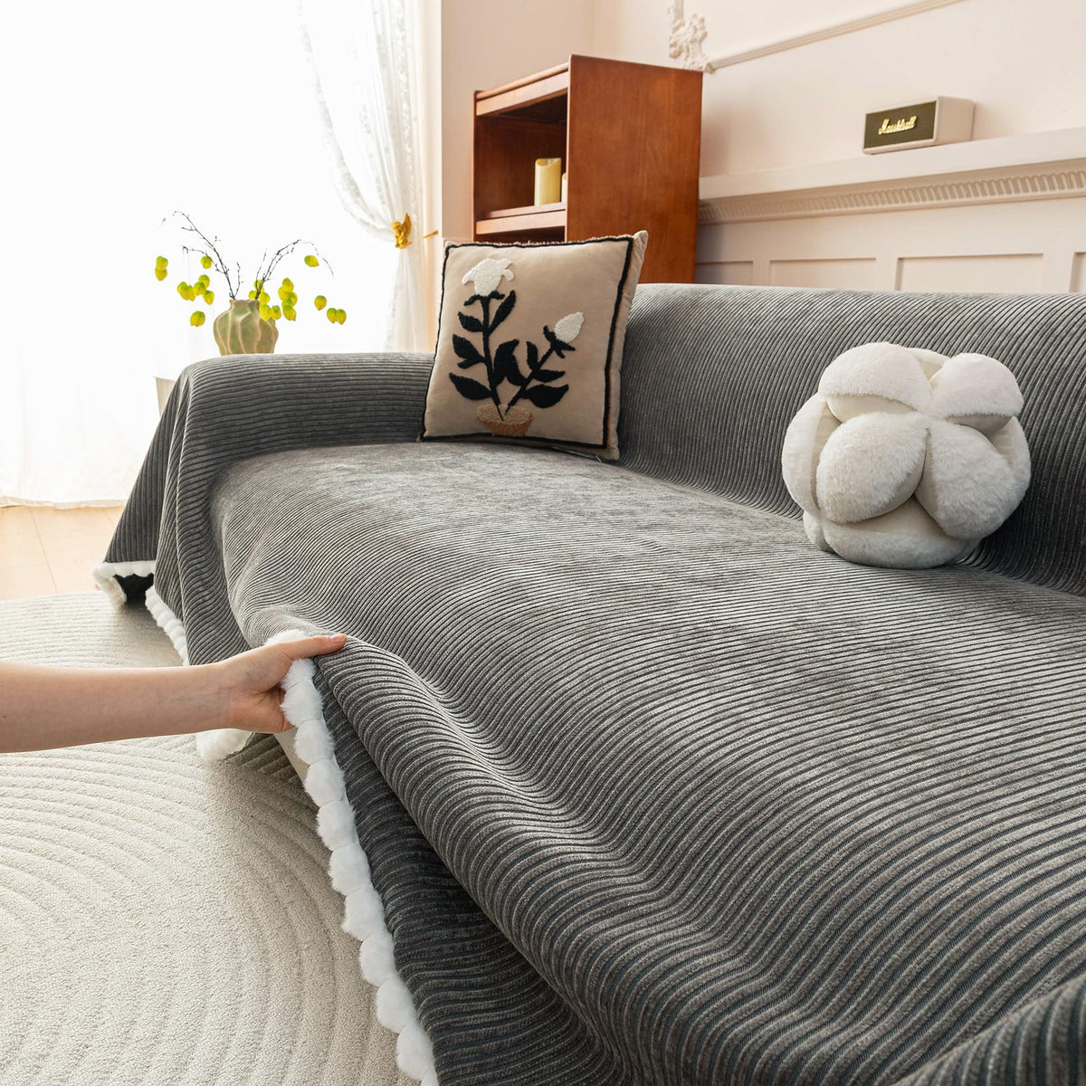 HANDONTIME Green Sofa Cover Vintage Couch Cover for Dogs 71" X118" Couch Cushion Covers with Tassel Herringbone Sofa Cover Boho Sofa Covers for 3 Cushion Couch Chenille Soft Loveseat Sofa Covers