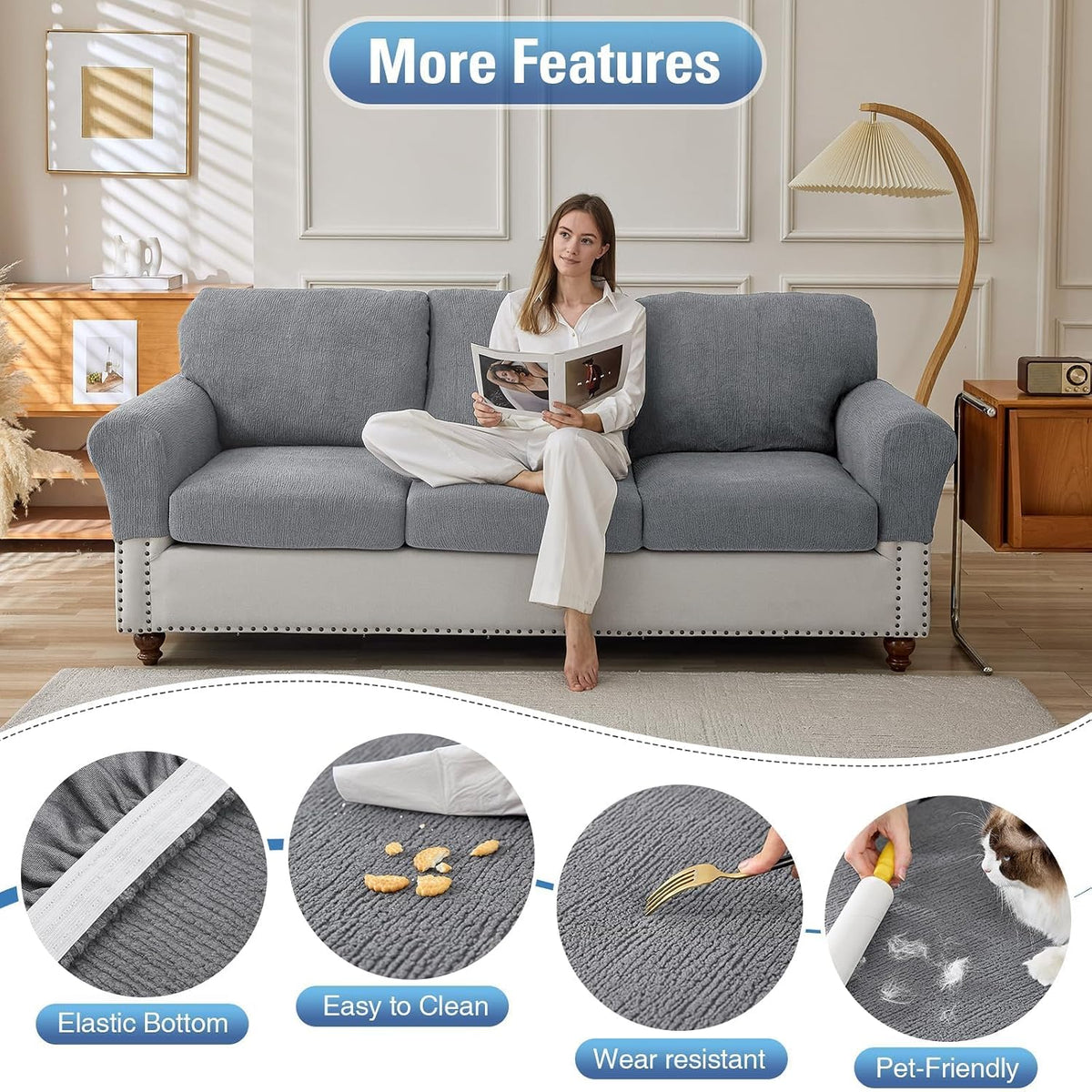 Couch Cushion Covers Sectional Couch Covers Stretch Washable Soft Seat Cushion Covers Furniture Protector Sofa Slipcovers for Pets(Light Grey,3 Pieces Seat Covers or Back Covers)
