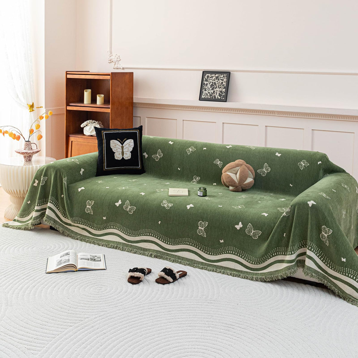 DREAMINGO Green Floral Couch Cover Farmhouse Botanical Jacquard Sofa Covers for 3 Cushion Couch Cozy Chenille Living Room Furniture Futon Sectional Sofa Slipcovers Washable, X-Large 71"x134"