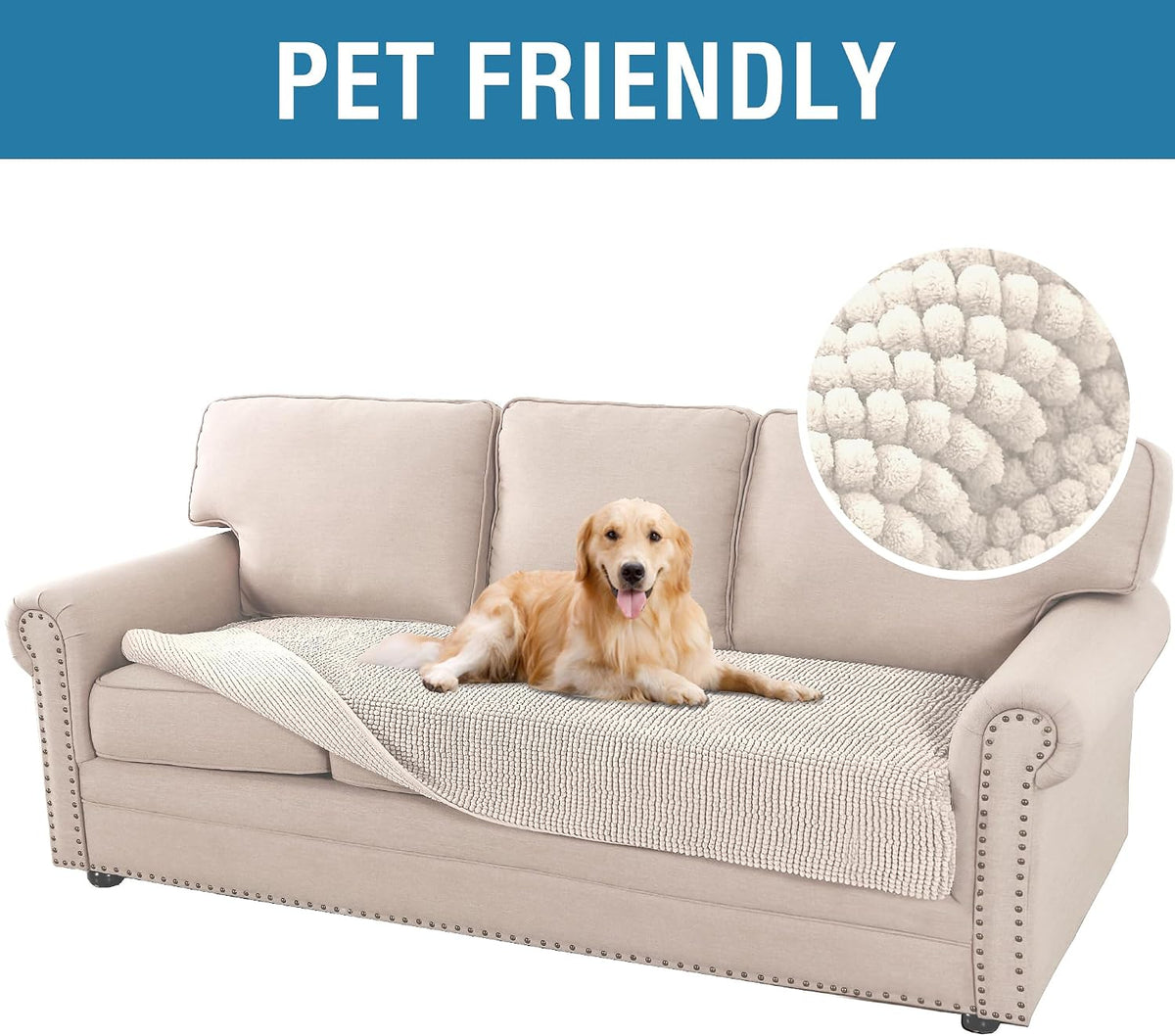 H.VERSAILTEX Plush Chenille Dog Bed Cover Thick Soft Sofa Cover for 3 Cushion Couch Anti Slip Couch Cover Furniture Protector for Dog, Pet, Cat (35" x 82", Ivory)