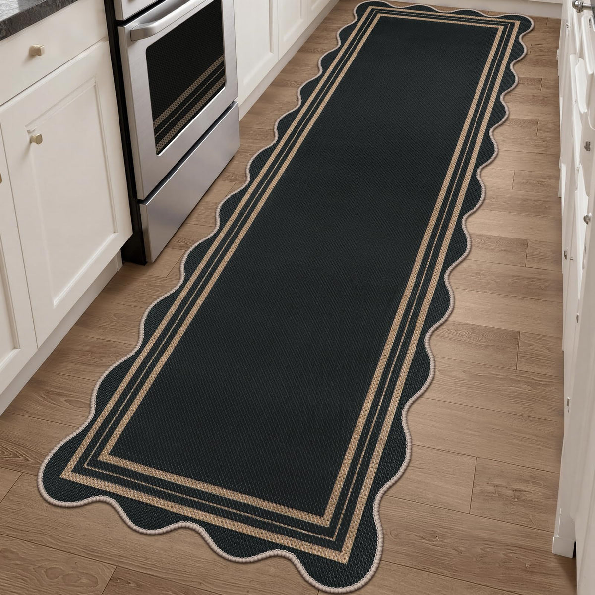 Easy Jute Black Entryway Rug, 2x3 Front Door Mat Washable Non Slip Small Kitchen Rug, Indoor Outdoor Farmhouse Scalloped Doormat for Porch Bathroom Doorway