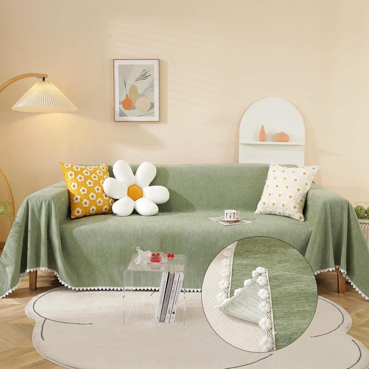 HANDONTIME Green Sofa Cover Vintage Couch Cover for Dogs 71" X118" Couch Cushion Covers with Tassel Herringbone Sofa Cover Boho Sofa Covers for 3 Cushion Couch Chenille Soft Loveseat Sofa Covers