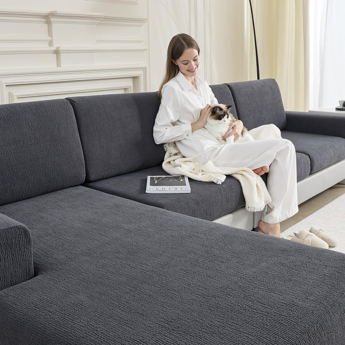 Couch Cushion Covers Sectional Couch Covers Stretch Washable Soft Seat Cushion Covers Furniture Protector Sofa Slipcovers for Pets(Light Grey,3 Pieces Seat Covers or Back Covers)