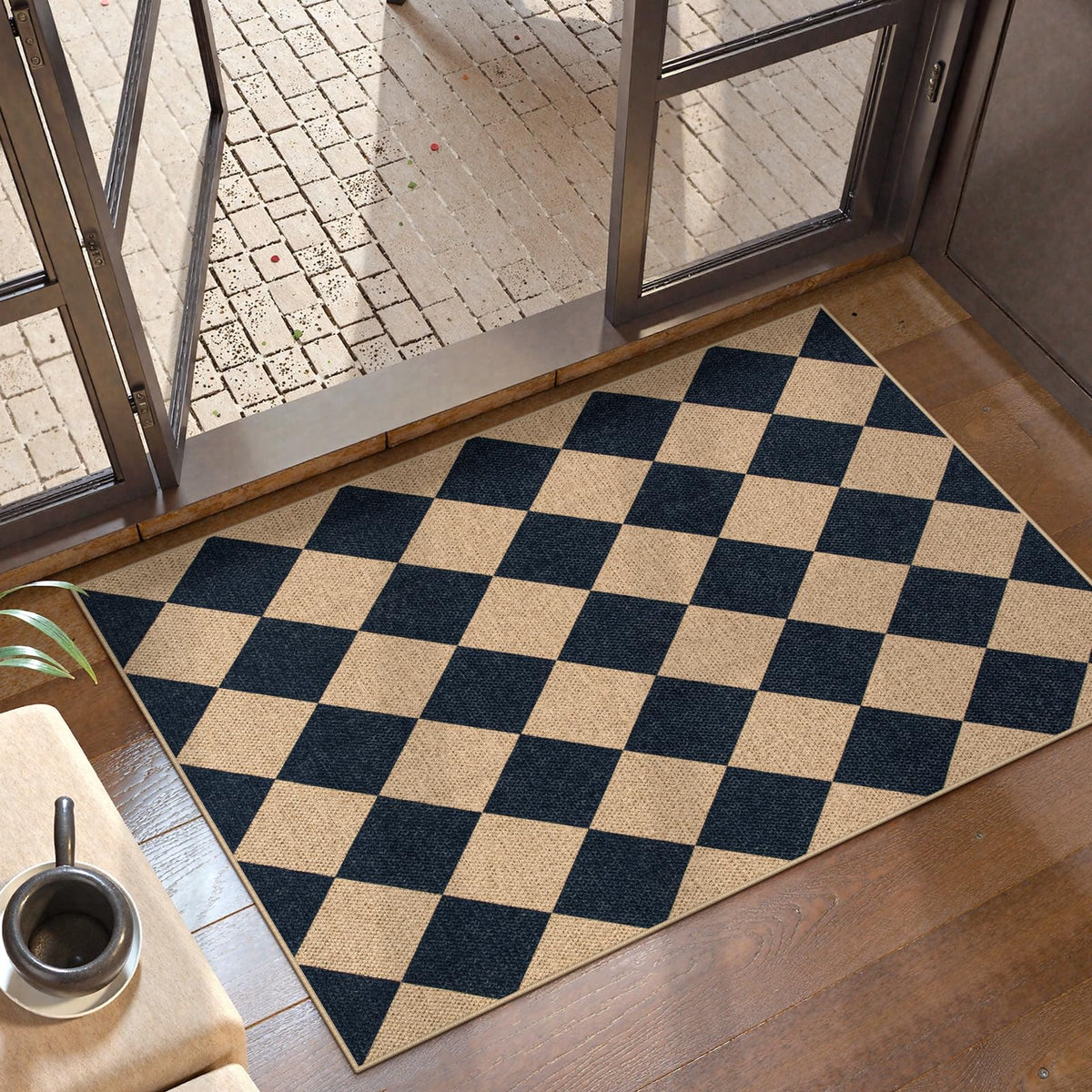 Lahome Checkered Easy Jute 3x5 Entryway Front Porch Rug, Black Diamond Indoor Outdoor Patio Layering Rug, Washable Farmhouse Neutral Non Slip Non Shedding Door Carpet for Backyard Blacony