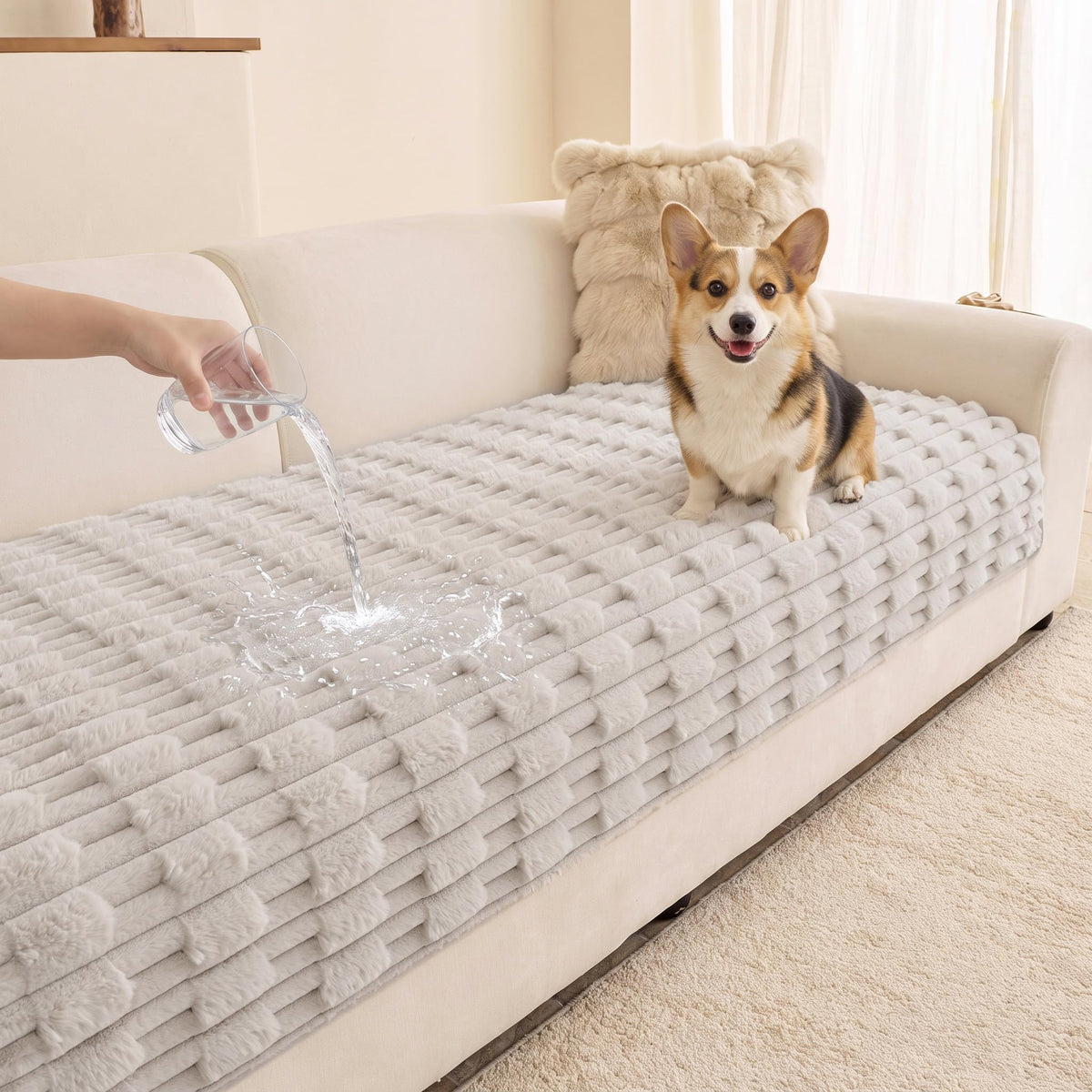 MYSKY HOME 100% Waterproof Couch Cover for Dogs, Plush Pet Couch Covers for Sofa Washable, Couch Covers for 2 Cushion Sofa Pet Friendly, Non-Slip Durable Sofa Cover Slipcover Protector, Cream, 35"x63"